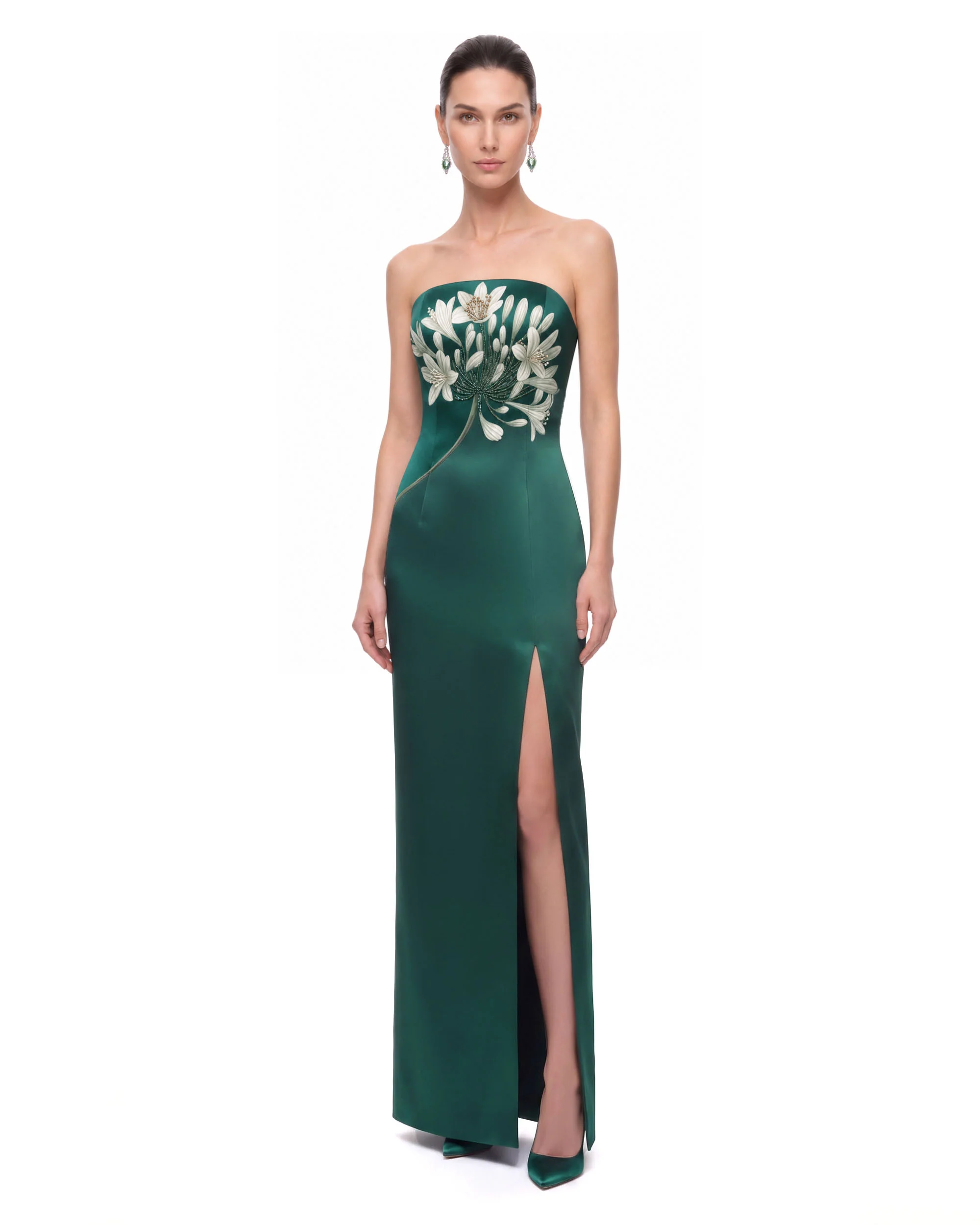 Floral Print Bead-Embellished Strapless Slit Maxi Dress - Emerald Green