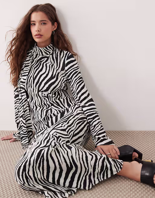 high neck scarf detail maxi dress in zebra print