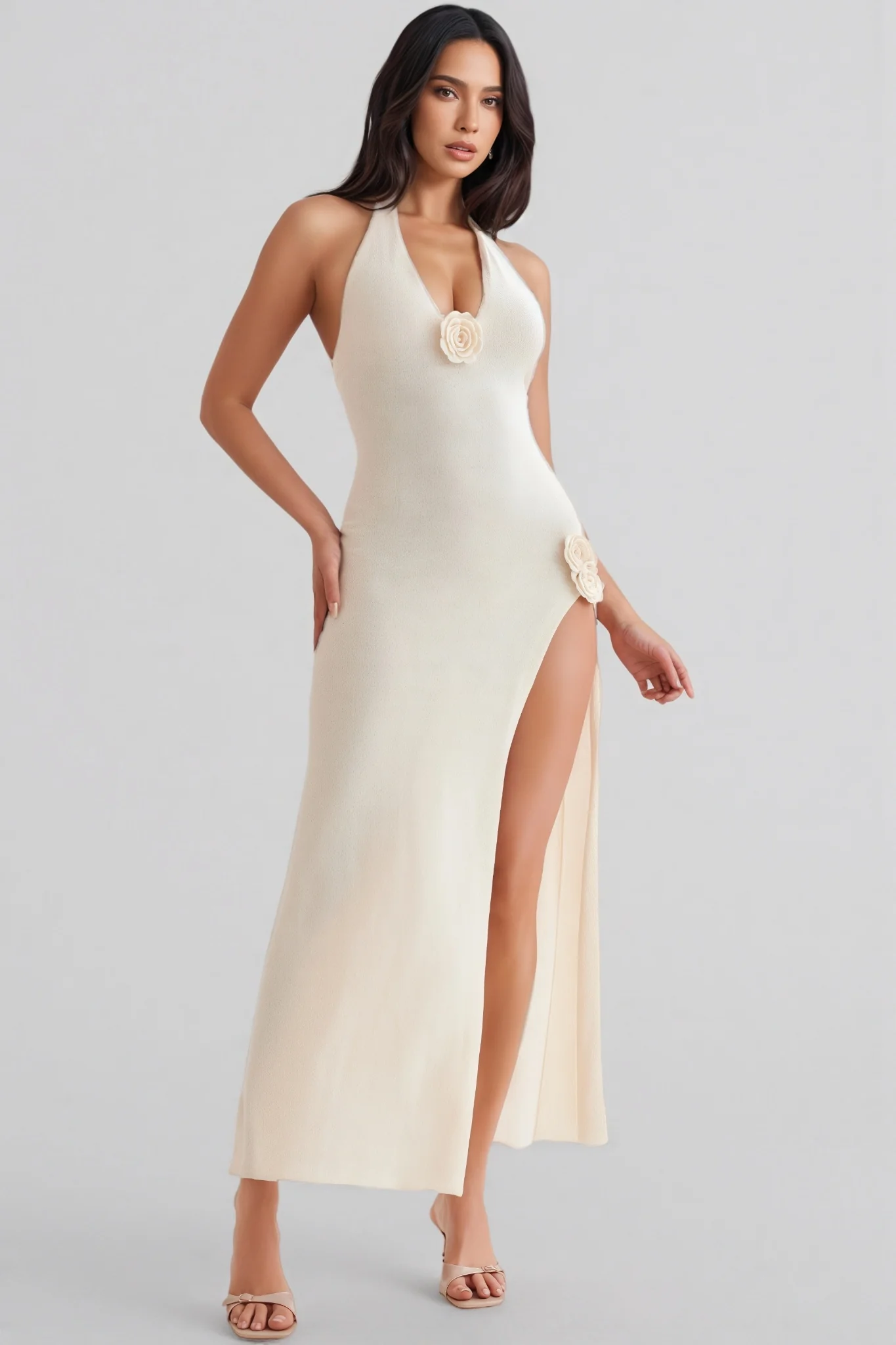 Odele Halter Floral Applique Knit Maxi Dress