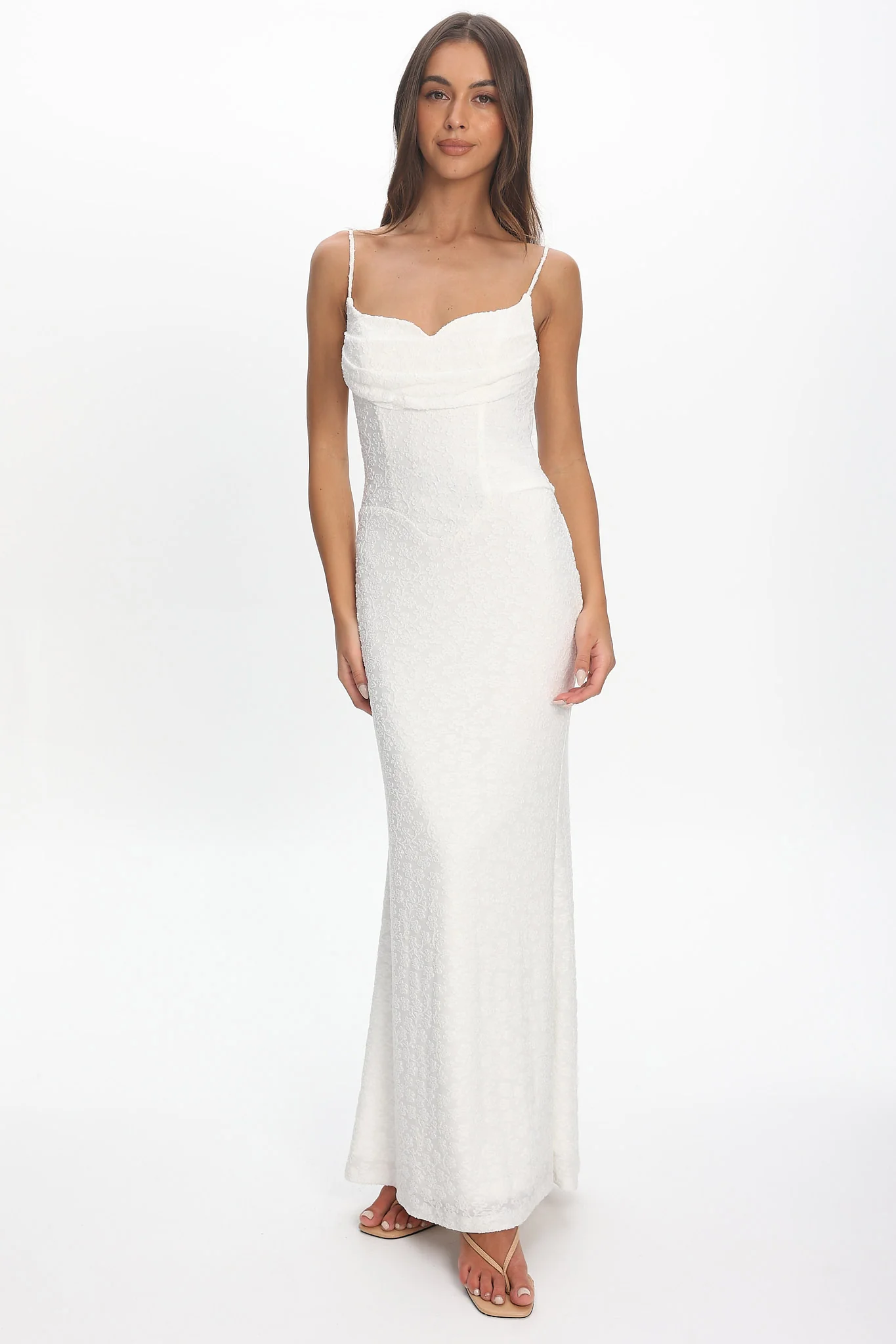 Kianah Pleat Bust Textured Maxi Dress Ivory - luluinthesky