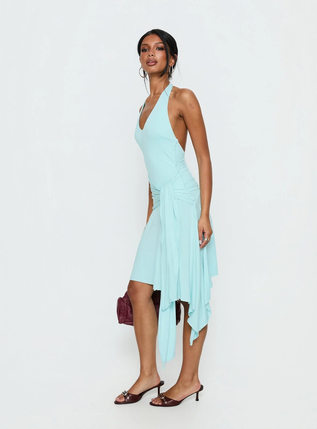 Moonlit Honey Asymmetrical Halter Jersey Midi Dress Turquoise