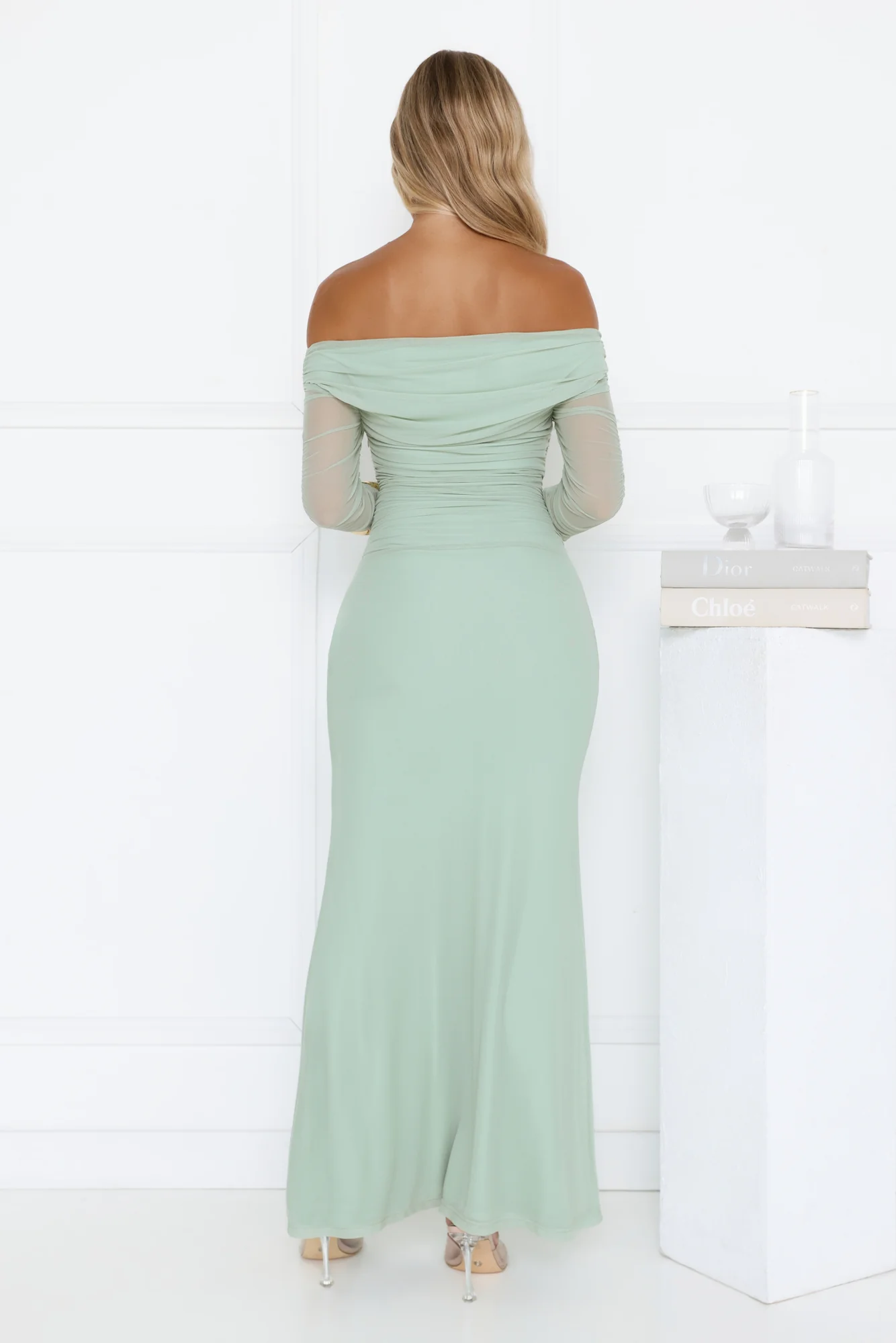 Glam Mesh Off-Shoulder Maxi Dress Mint