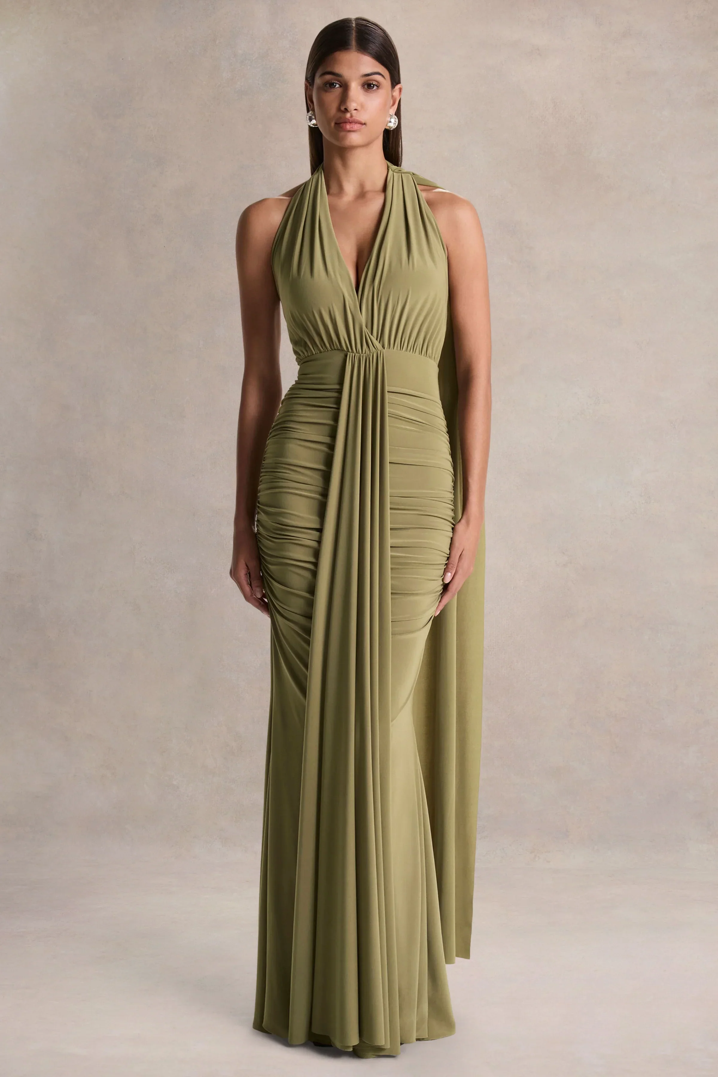 Roselani | Olive Halter-Neck Maxi Dress With Open-Back