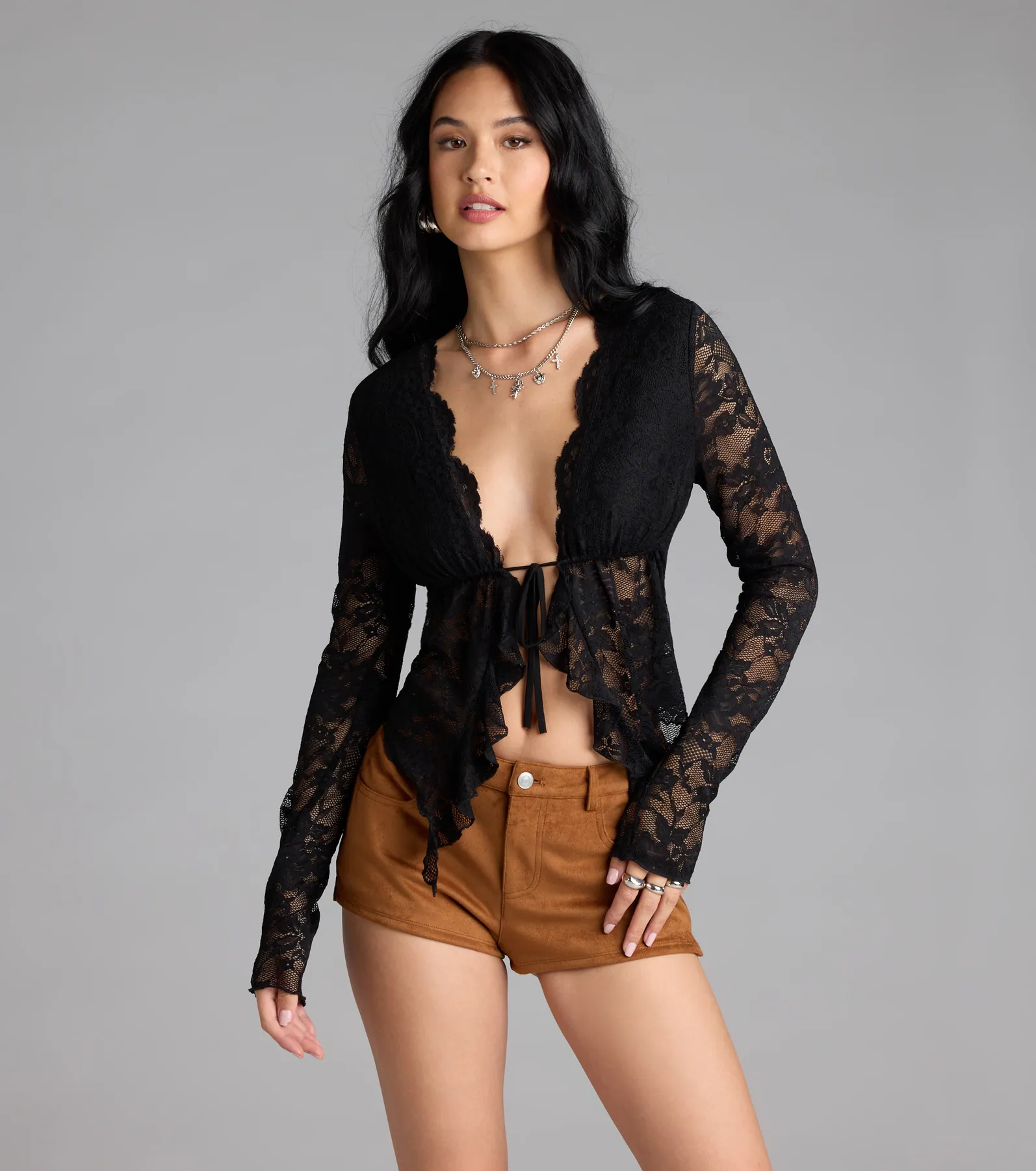 Delicate Flair Floral Lace Tie-Front Top