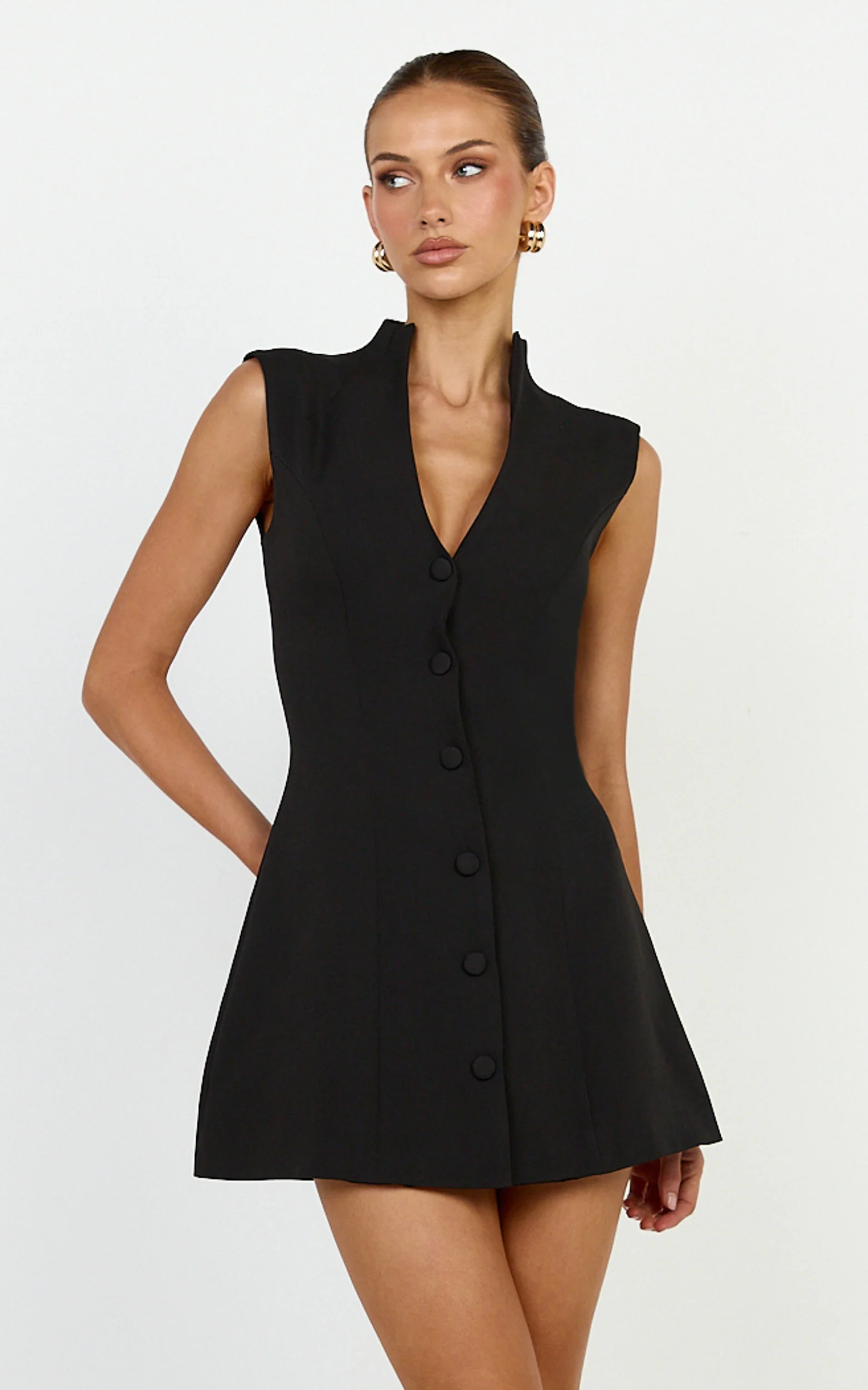 Jacinta Mini Dress - Sleeveless Button Front Tulip Dress in Black