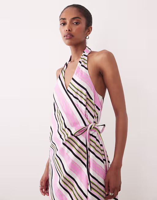 cotton linen halter neck wrap maxi sundress in pink stripes