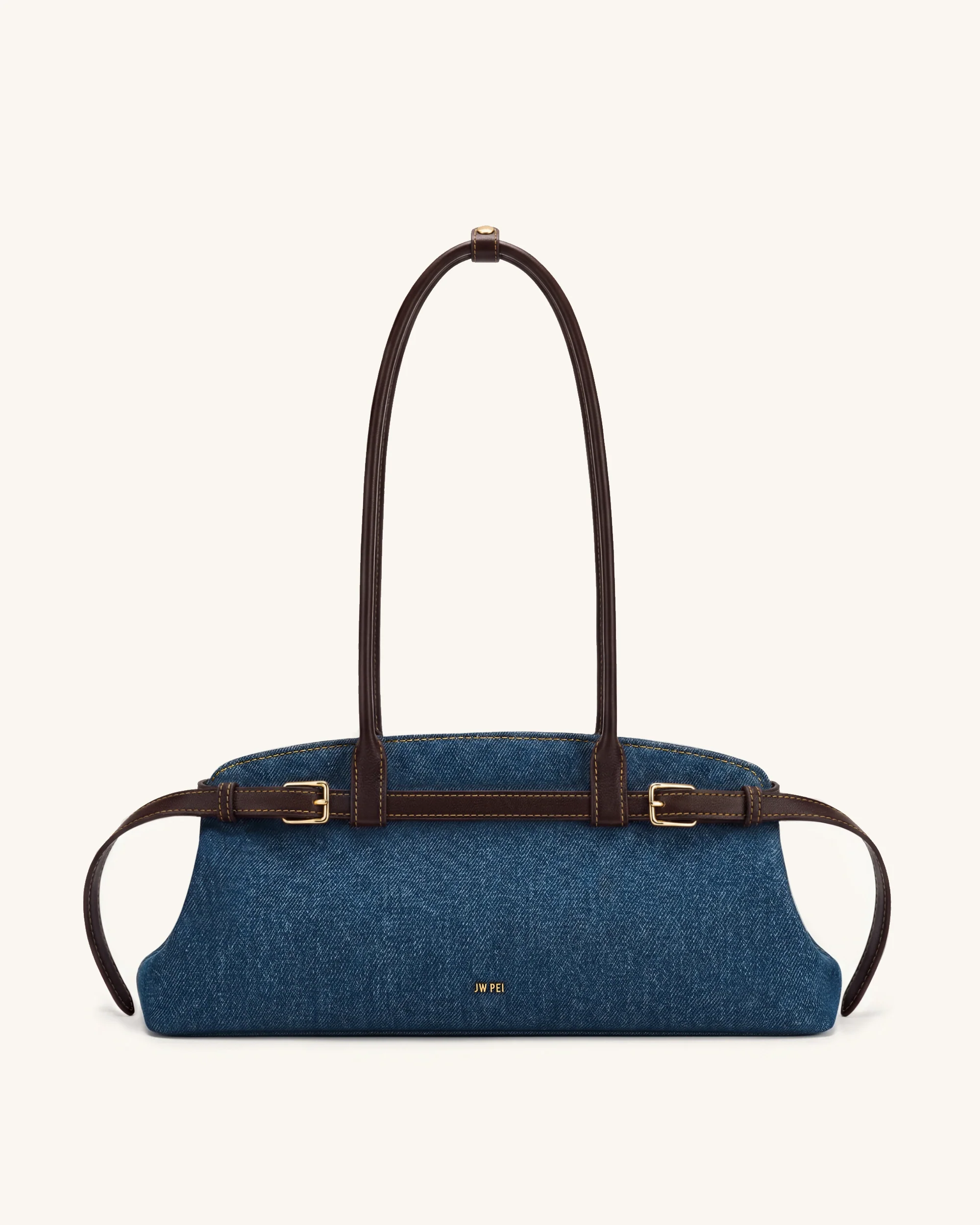 Arden Belt Detail East-West Shoulder Bag - Blue Denim