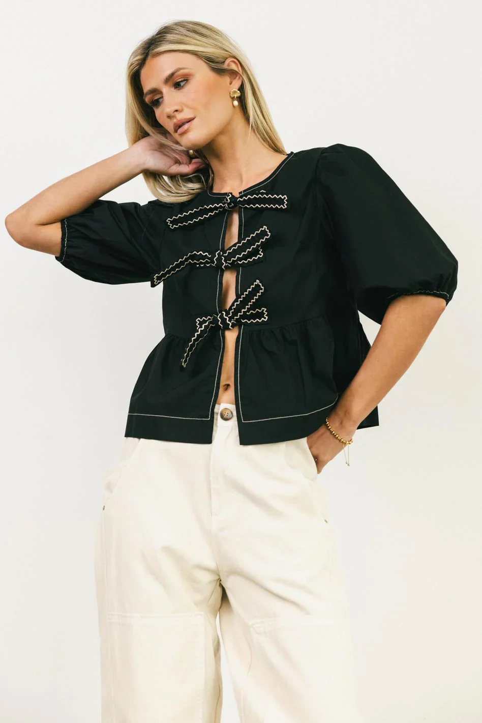 Elvie Peplum Tie Blouse in Black