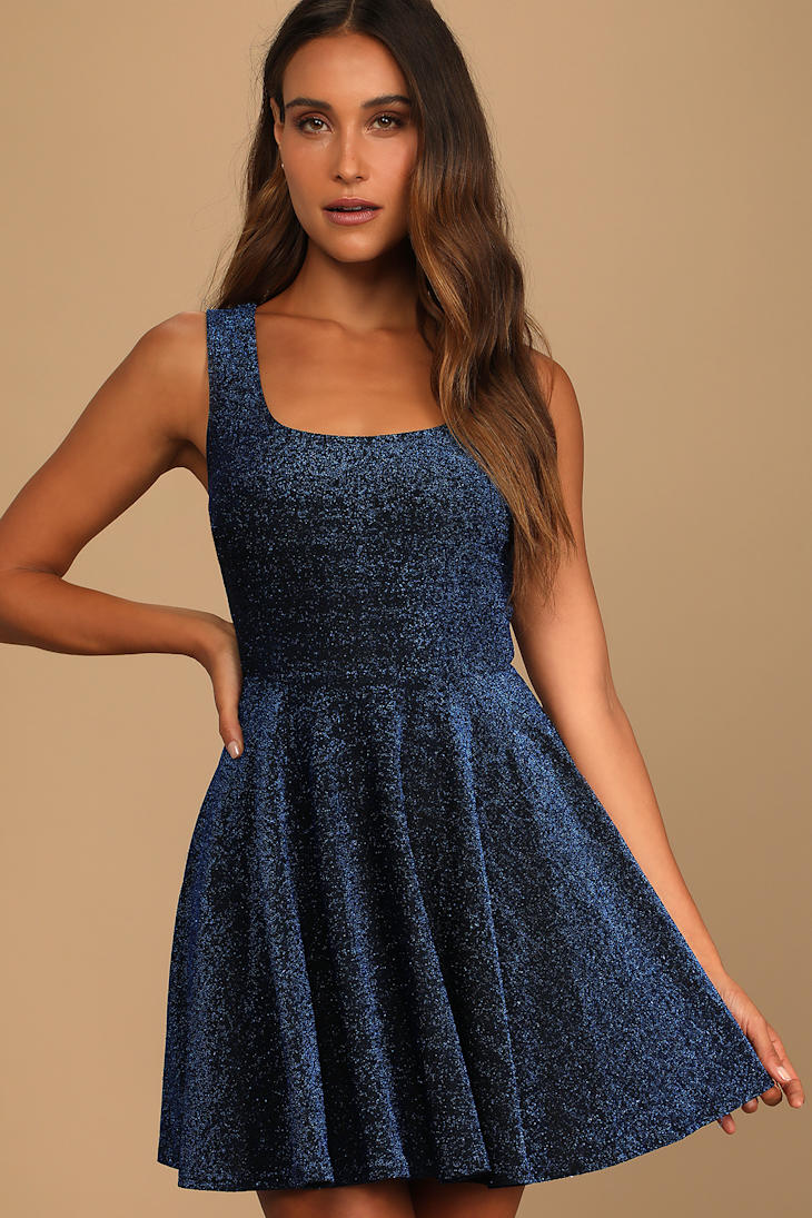 Best Date Ever Blue Metallic Skater Mini Dress