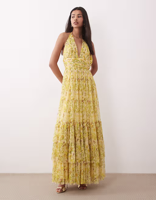 Lace & Beads halterneck tiered tulle maxi dress in yellow floral