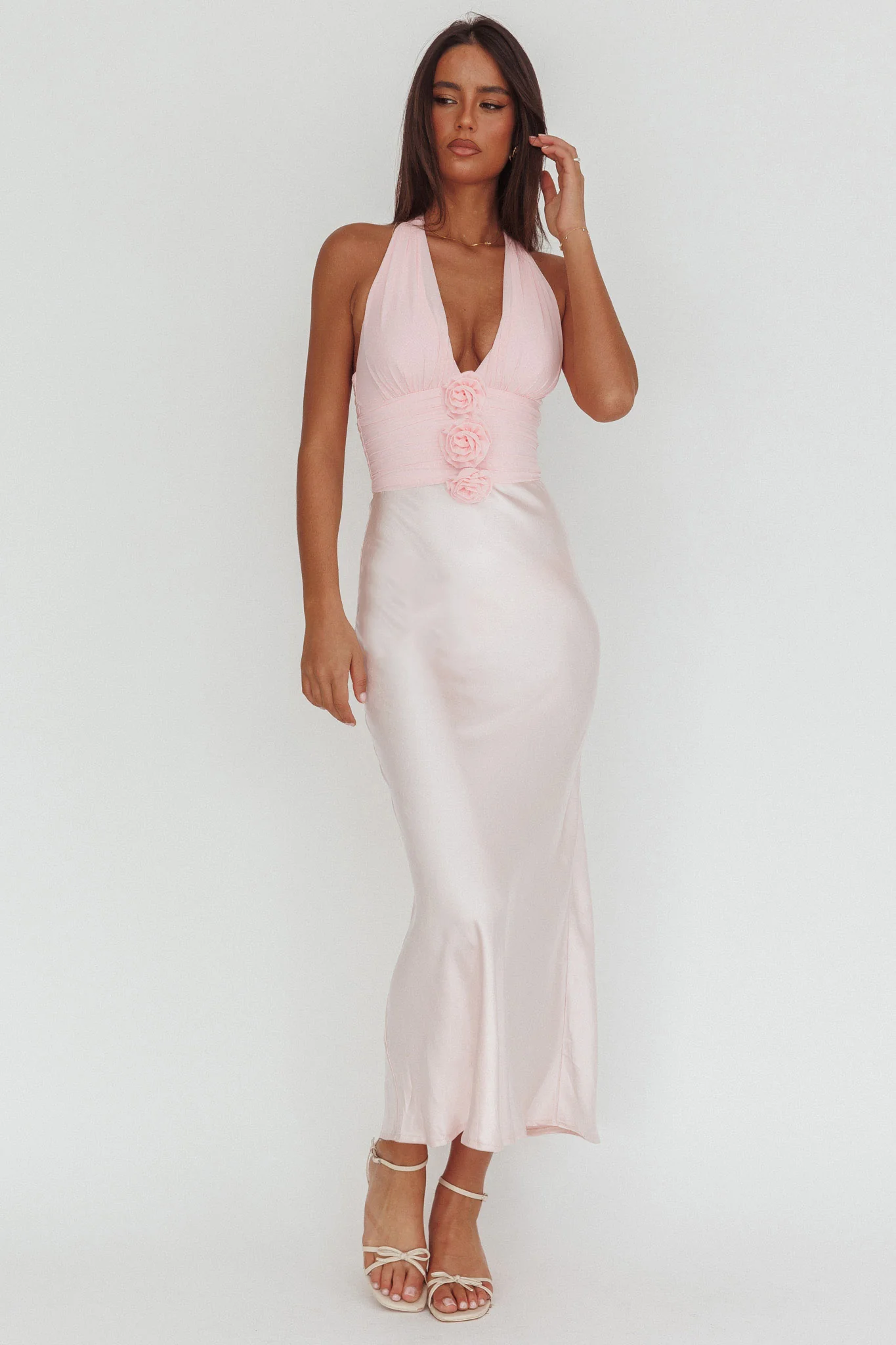 Heliora Halterneck Rosette Bust Maxi Dress Pink