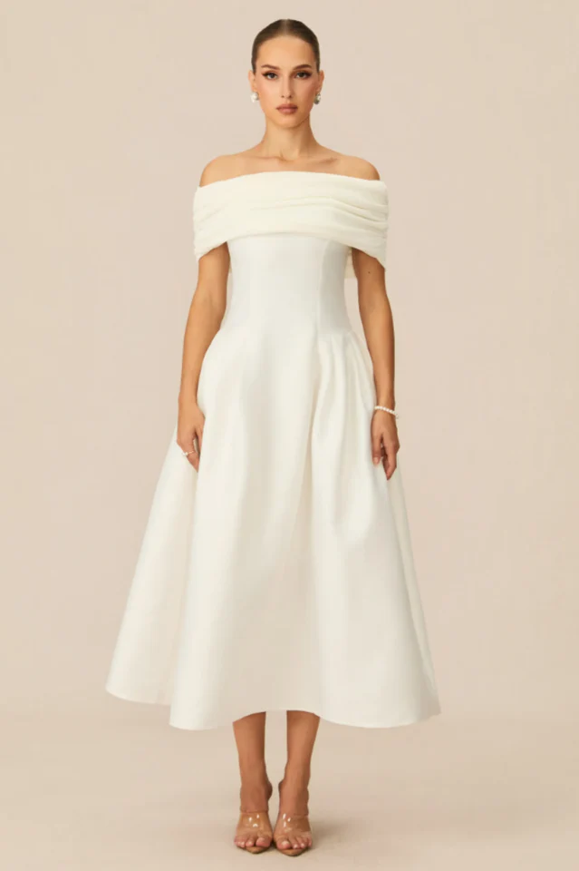 Vivian Off Shoulder Flare Satin Midi Dress