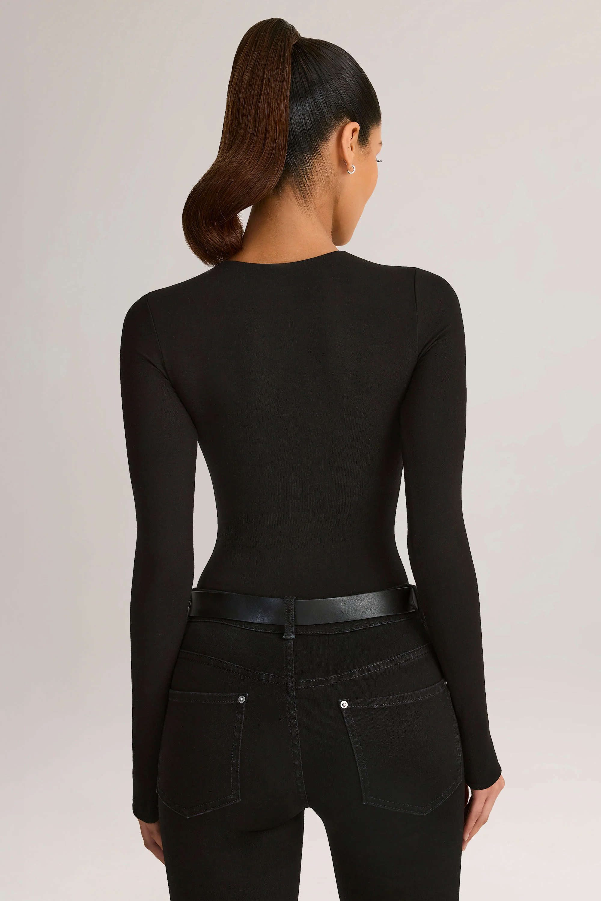 Modal Round-Neck Long-Sleeve Bodysuit in Black