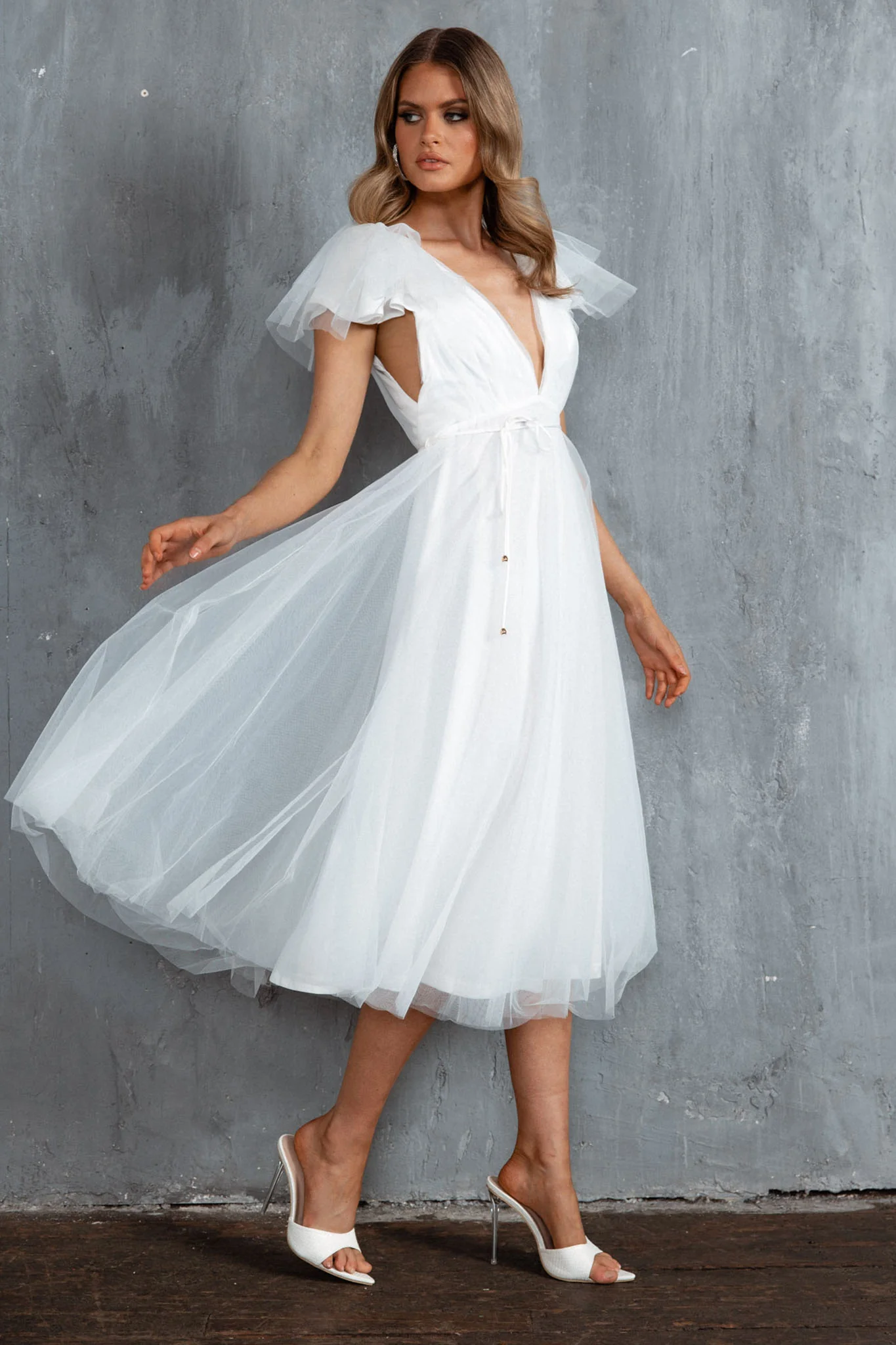 Leap Of Faith Frill Shoulder Tulle Midi Dress White