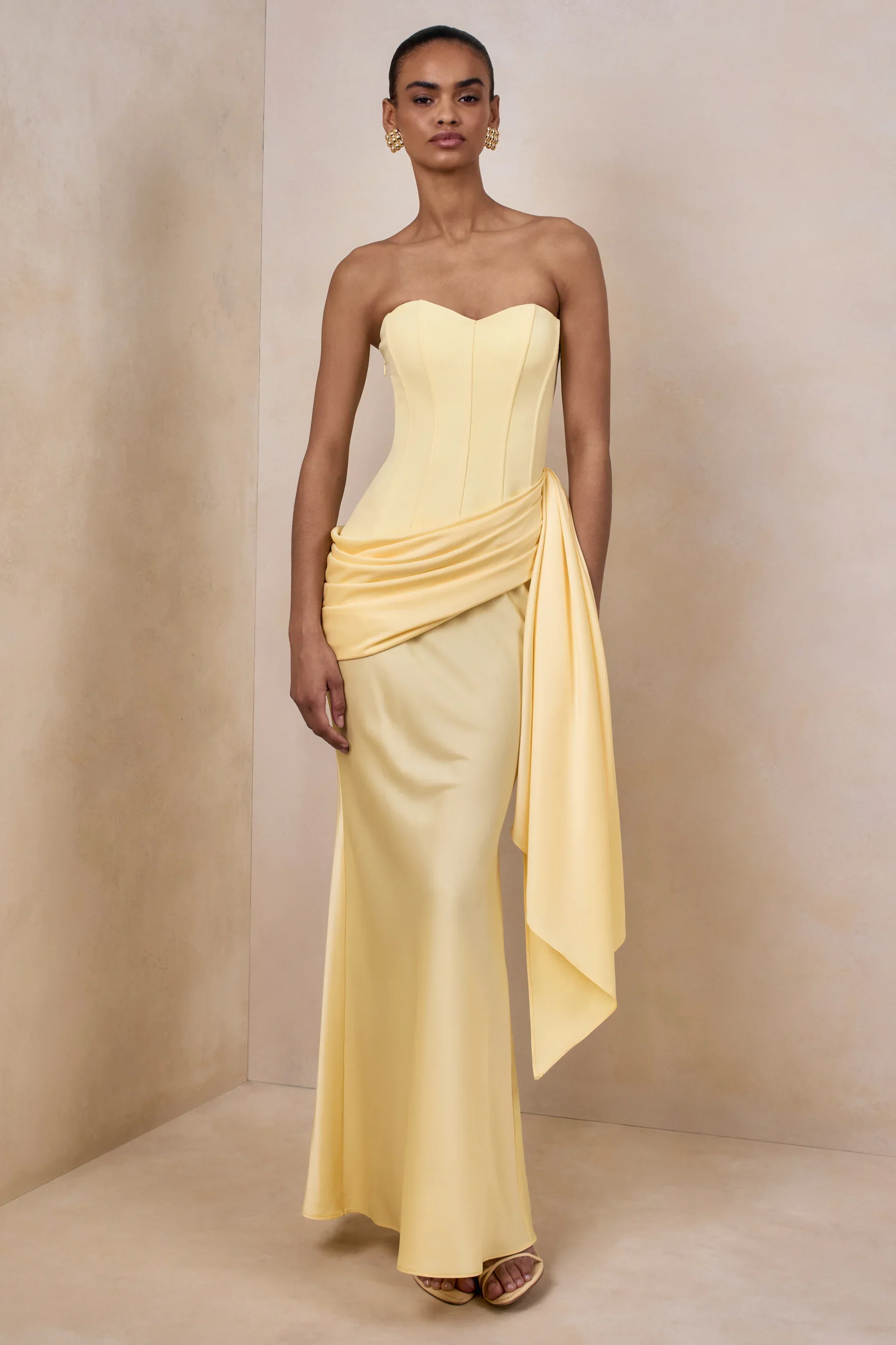 Oakley | Lemon Satin Bandeau Maxi Dress With Draped Skirt