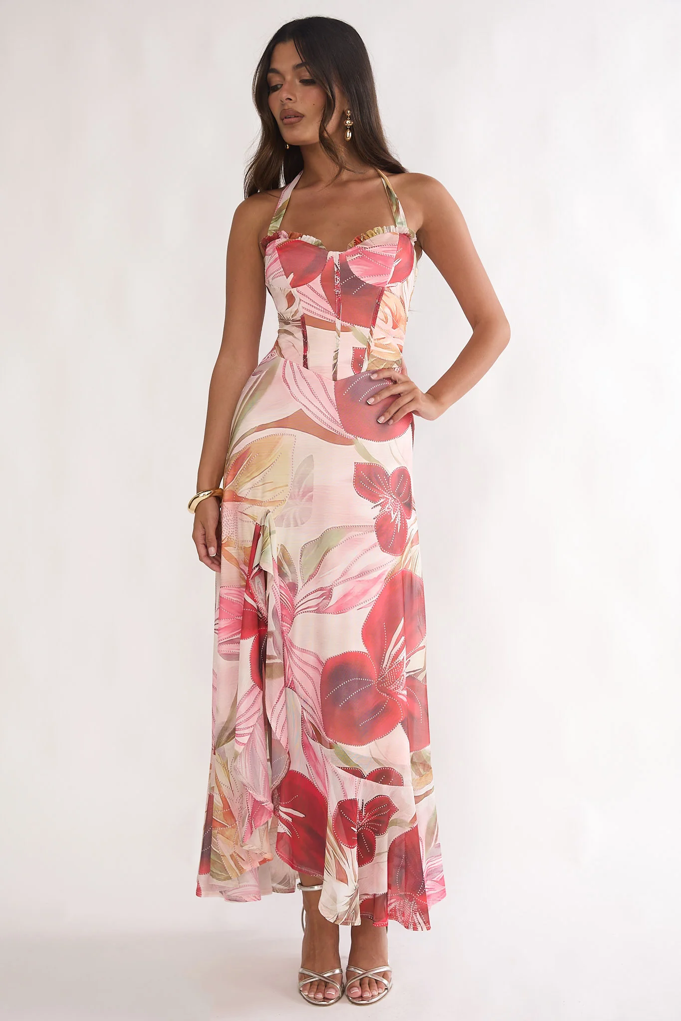 Moonlit Magic Halterneck Split Maxi Dress Floral Red