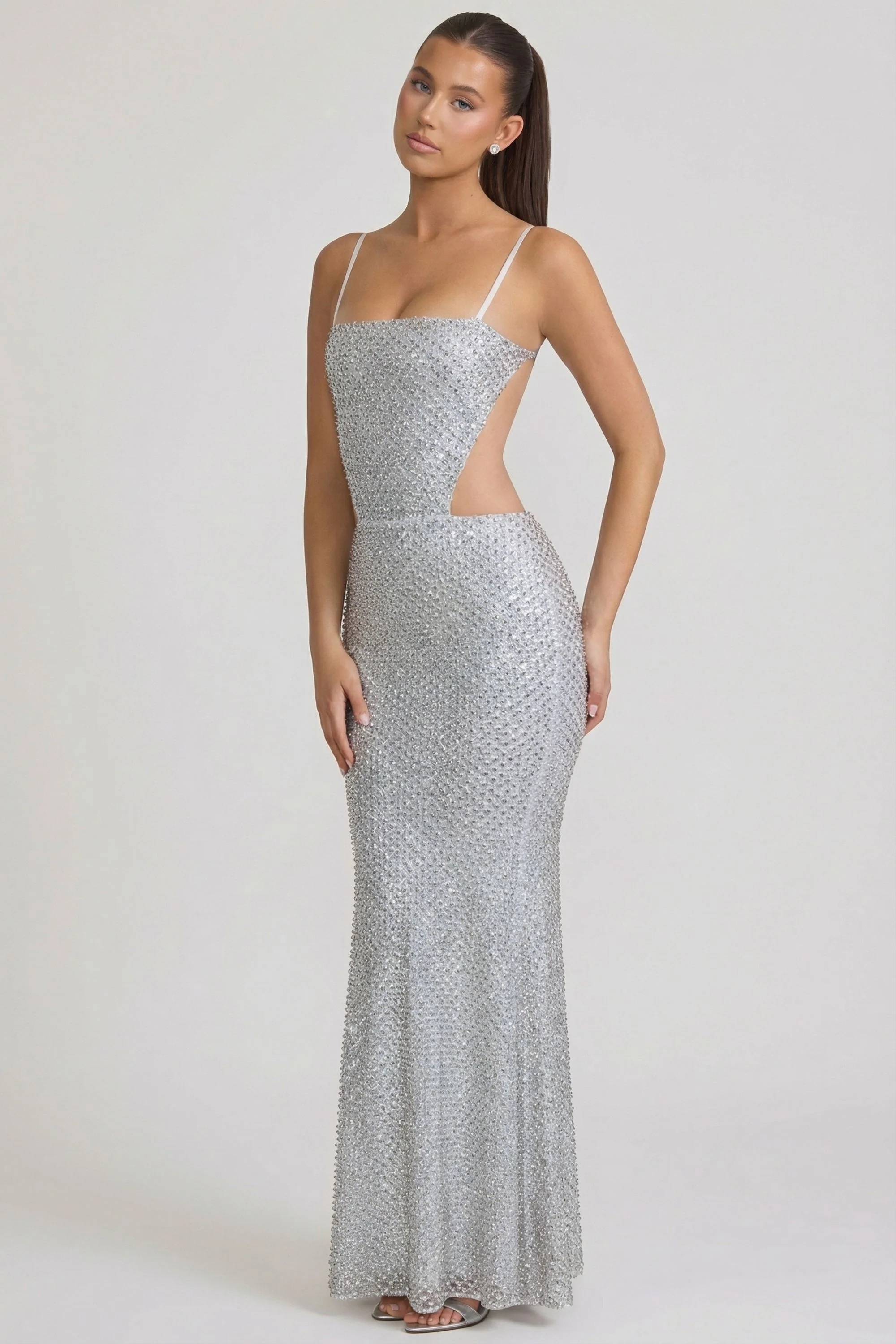 Embellished Cut-Out Gown in Silver