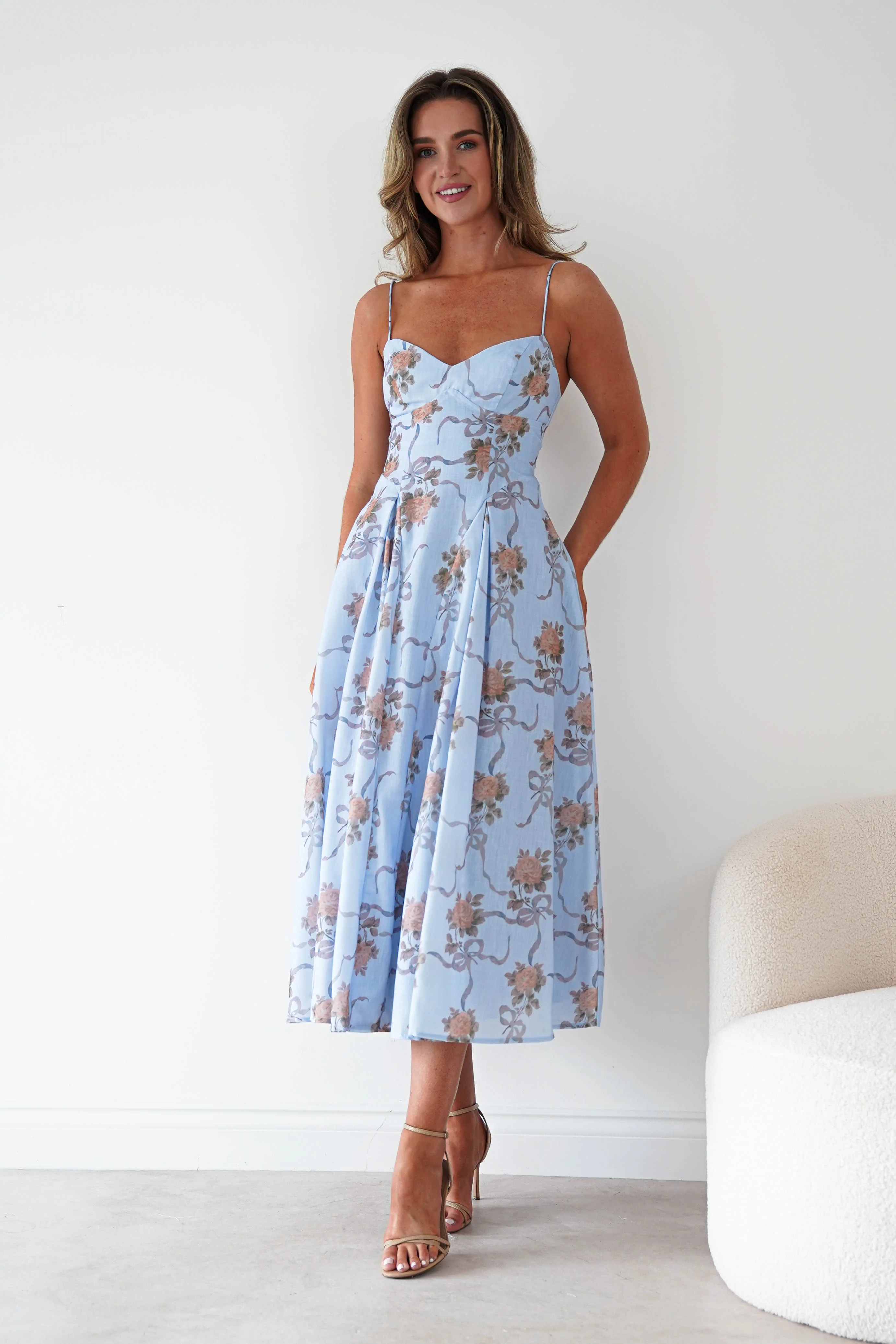 Tess Floral Print Skater Midaxi Dress | Blue