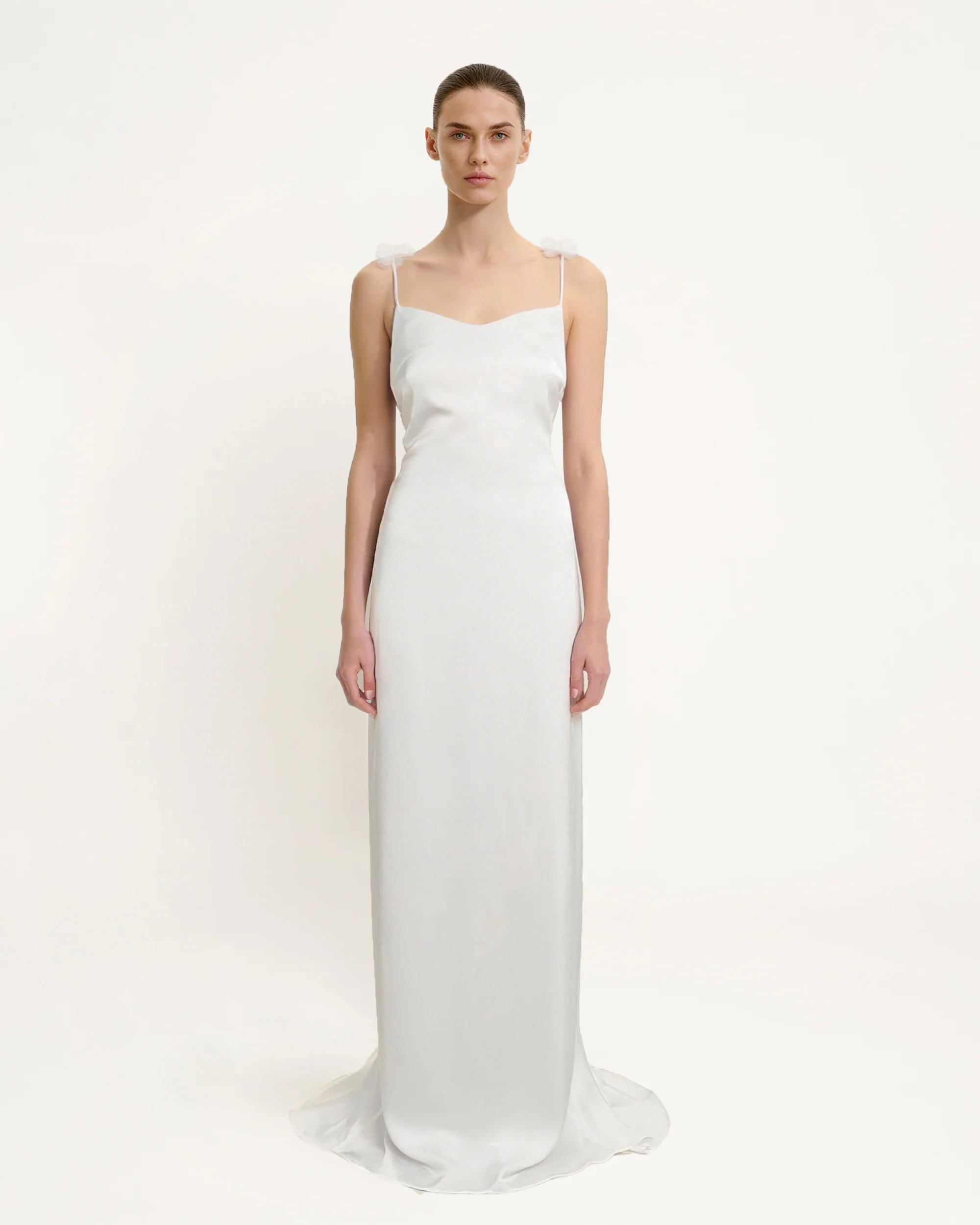 Satin Strappy Maxi Dress with Floral Streamers - White - FASHION NOB