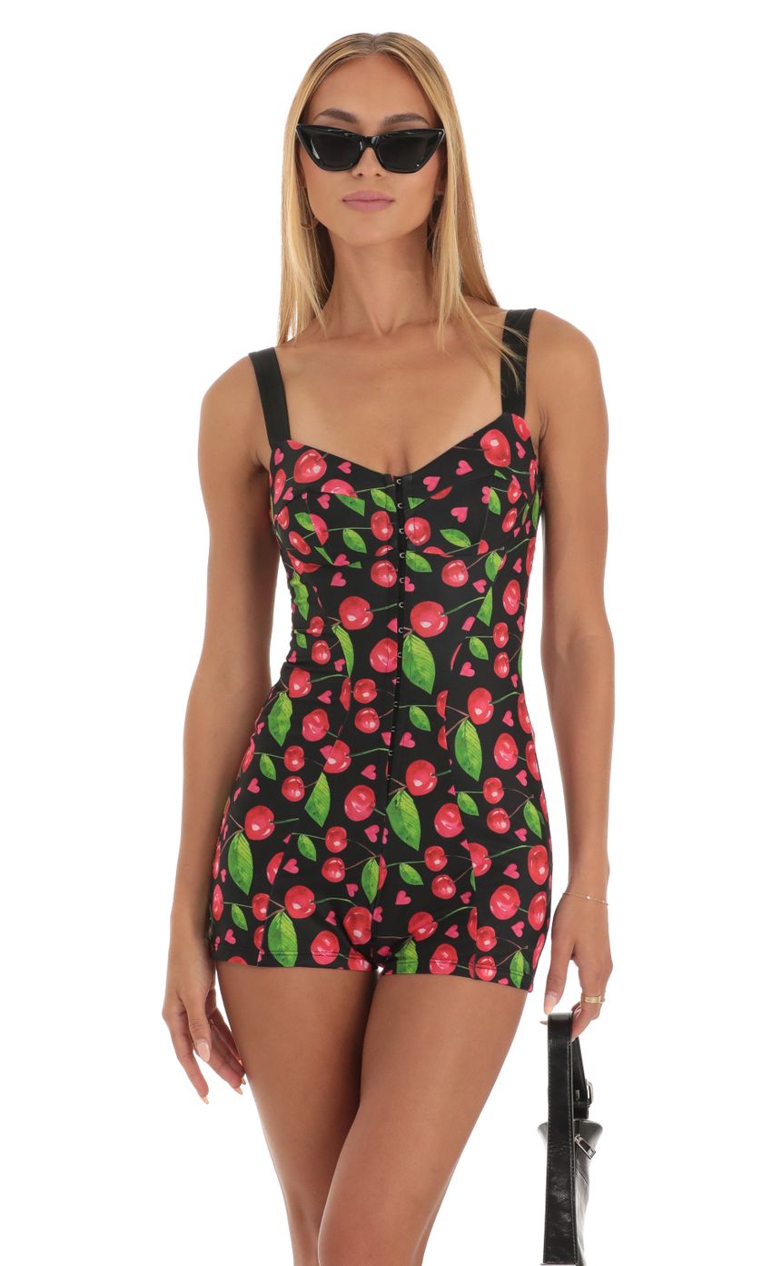 Hook and Eye Romper in Black Cherry Print
