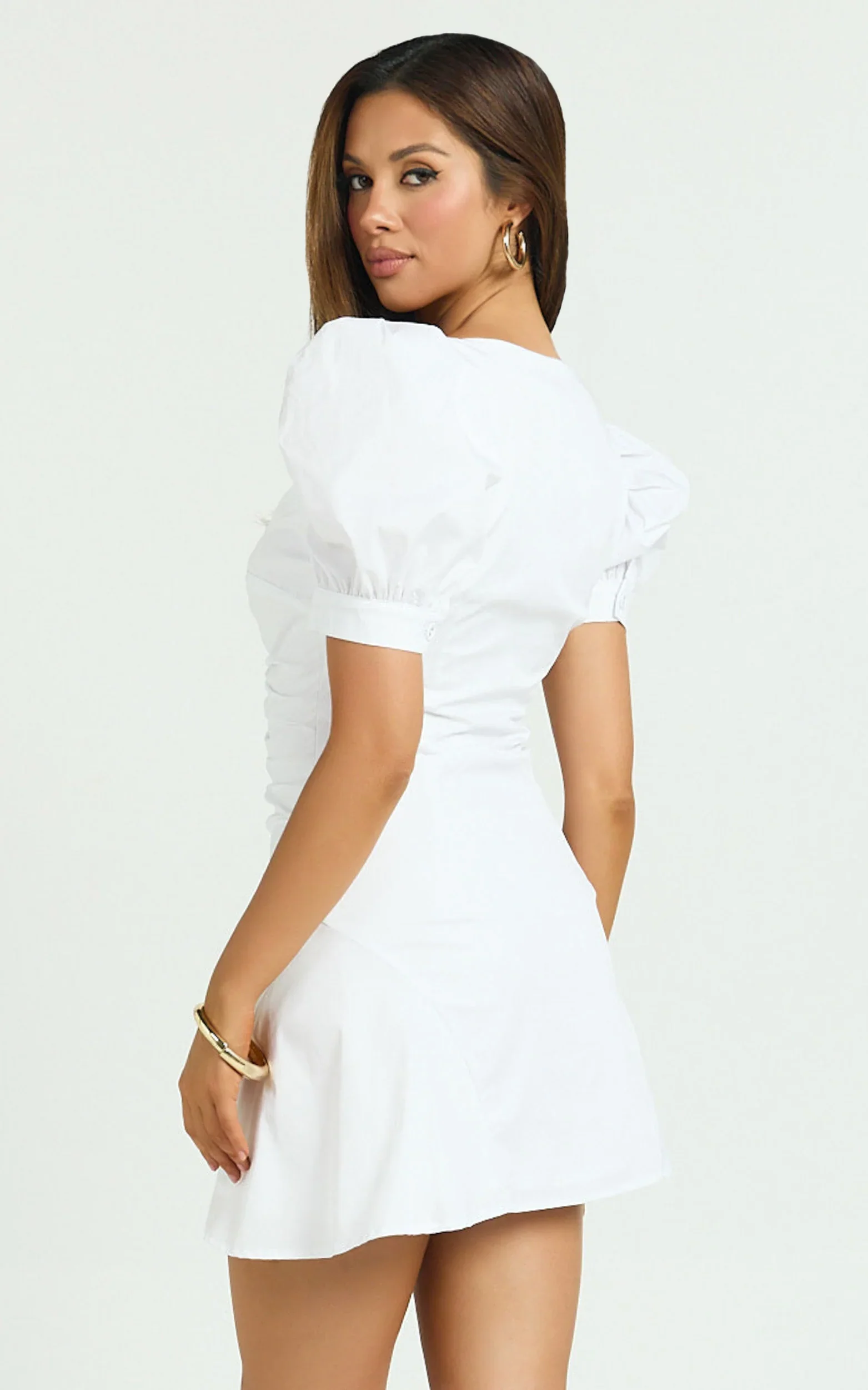 Mya Mini Dress - Scoop Neck Ruched Button Front Puff Sleeve Dress in White