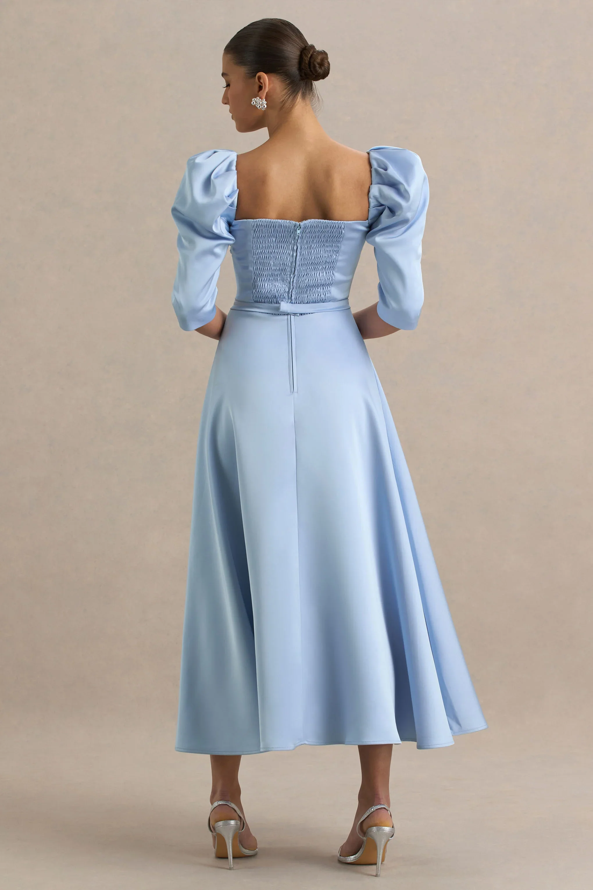 Rosey | Powder Blue Satin Sweetheart Midi Dress