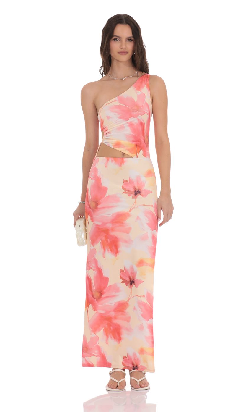 Floral One Shoulder Cutout Maxi Dress in Orange