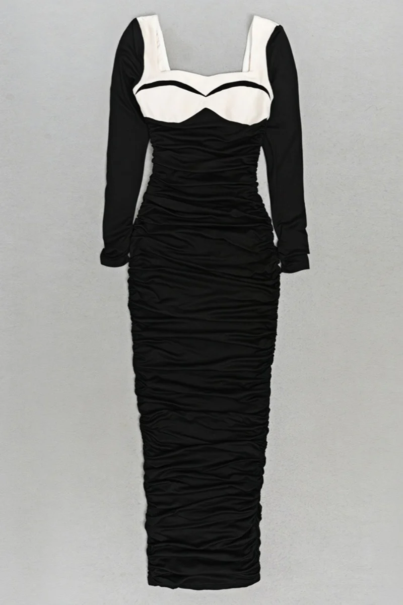 Lolic Long Sleeve Square Collar Ruched Hem Knit Maxi Dress