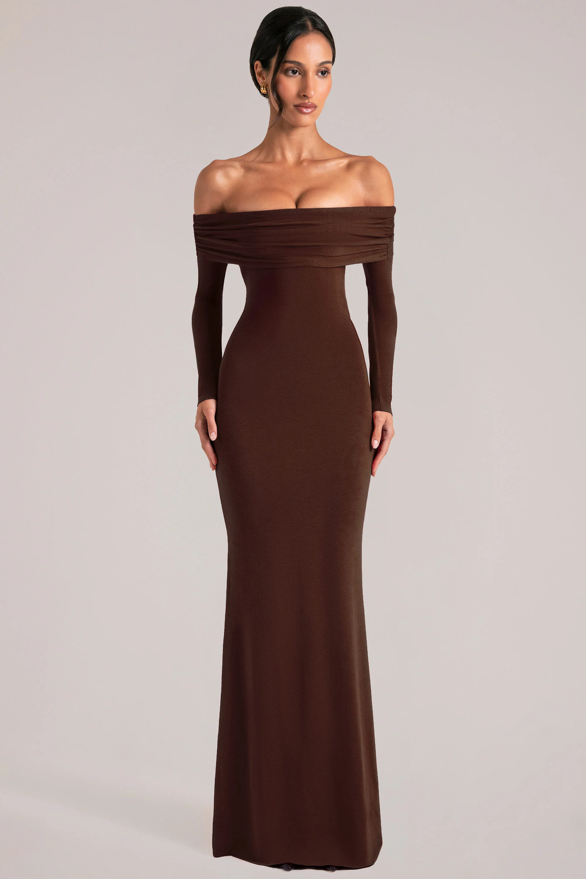 Off-Shoulder Long-Sleeve Maxi Dress in Chocolate Brown