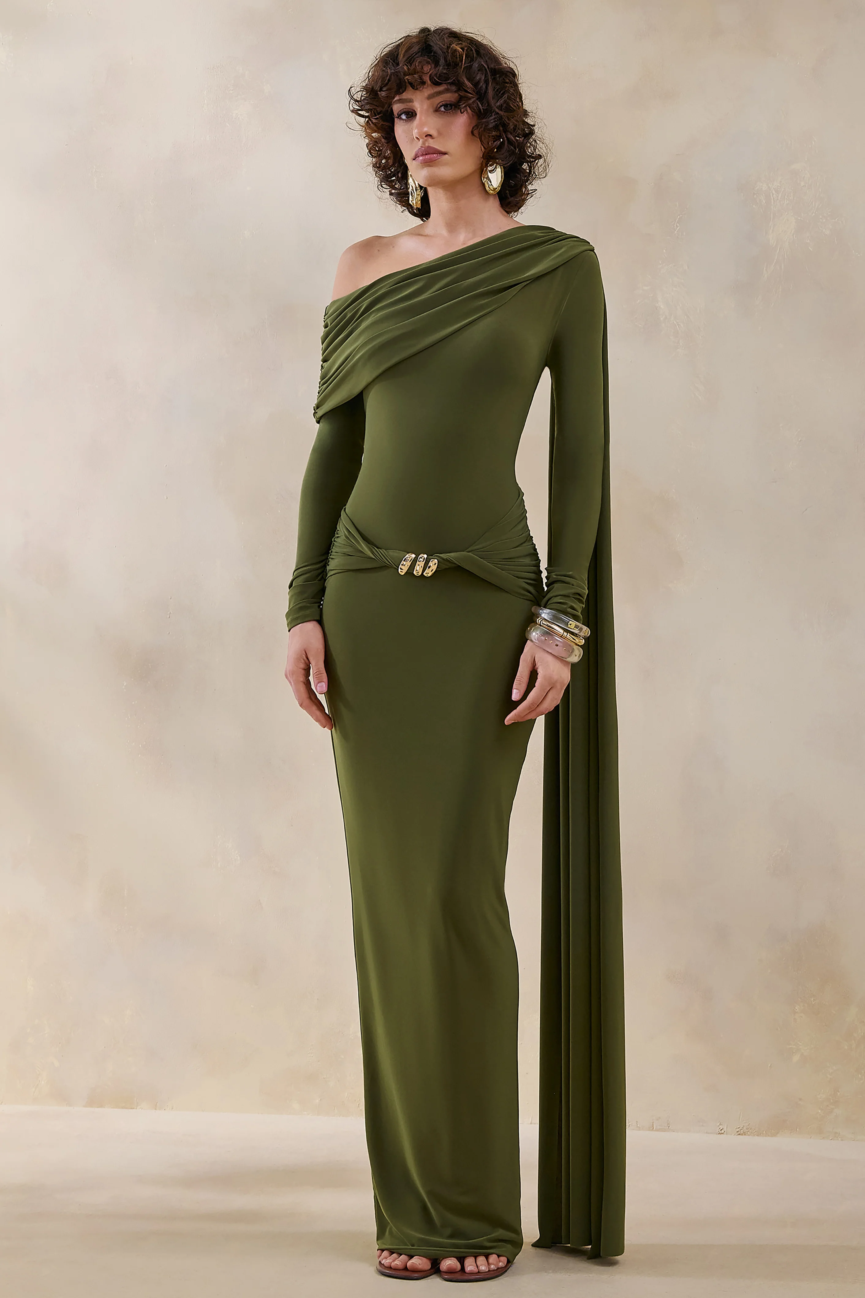 Bessy | Green Asymmetric-Neck Maxi Dress With Gathered-Detailing And Sash
