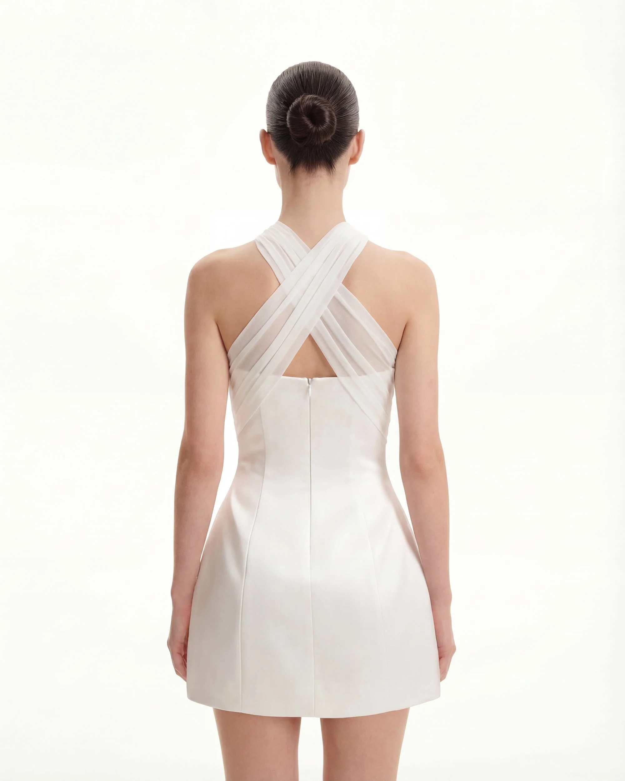 Satin Mini Dress with Tulle Cross-Halter - White - FASHION NOB