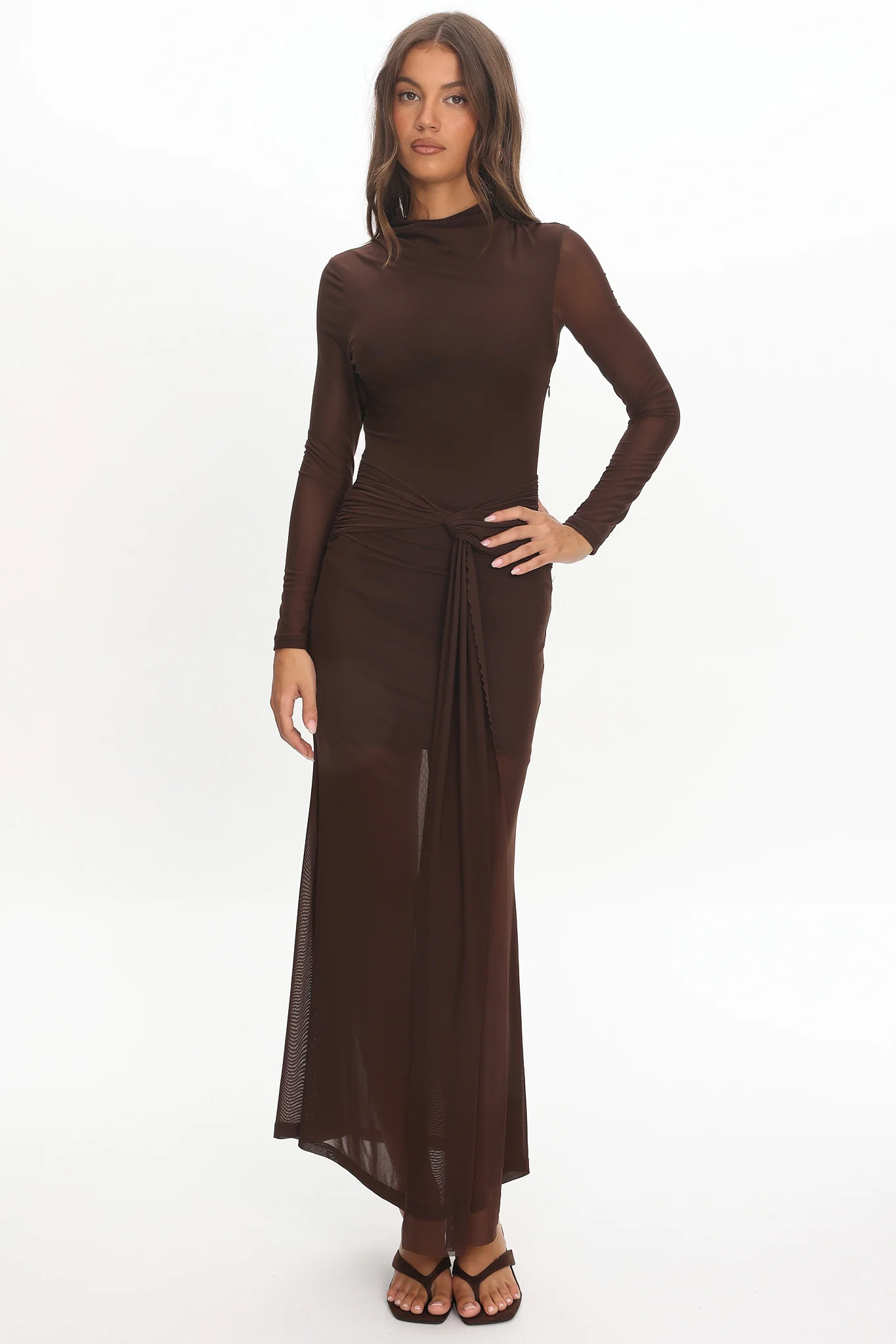 Girl's Night Long Sleeve Mesh Maxi Dress Chocolate