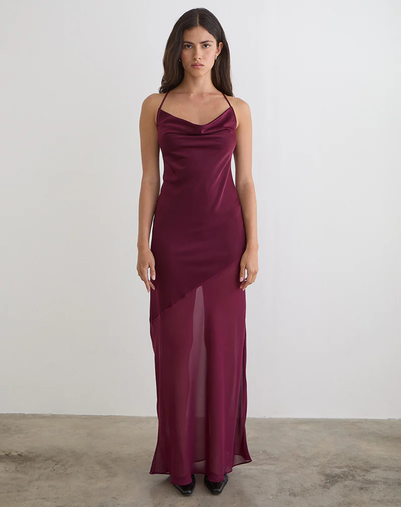 Eshara Maxi Dress in Chiffon Satin Burgundy