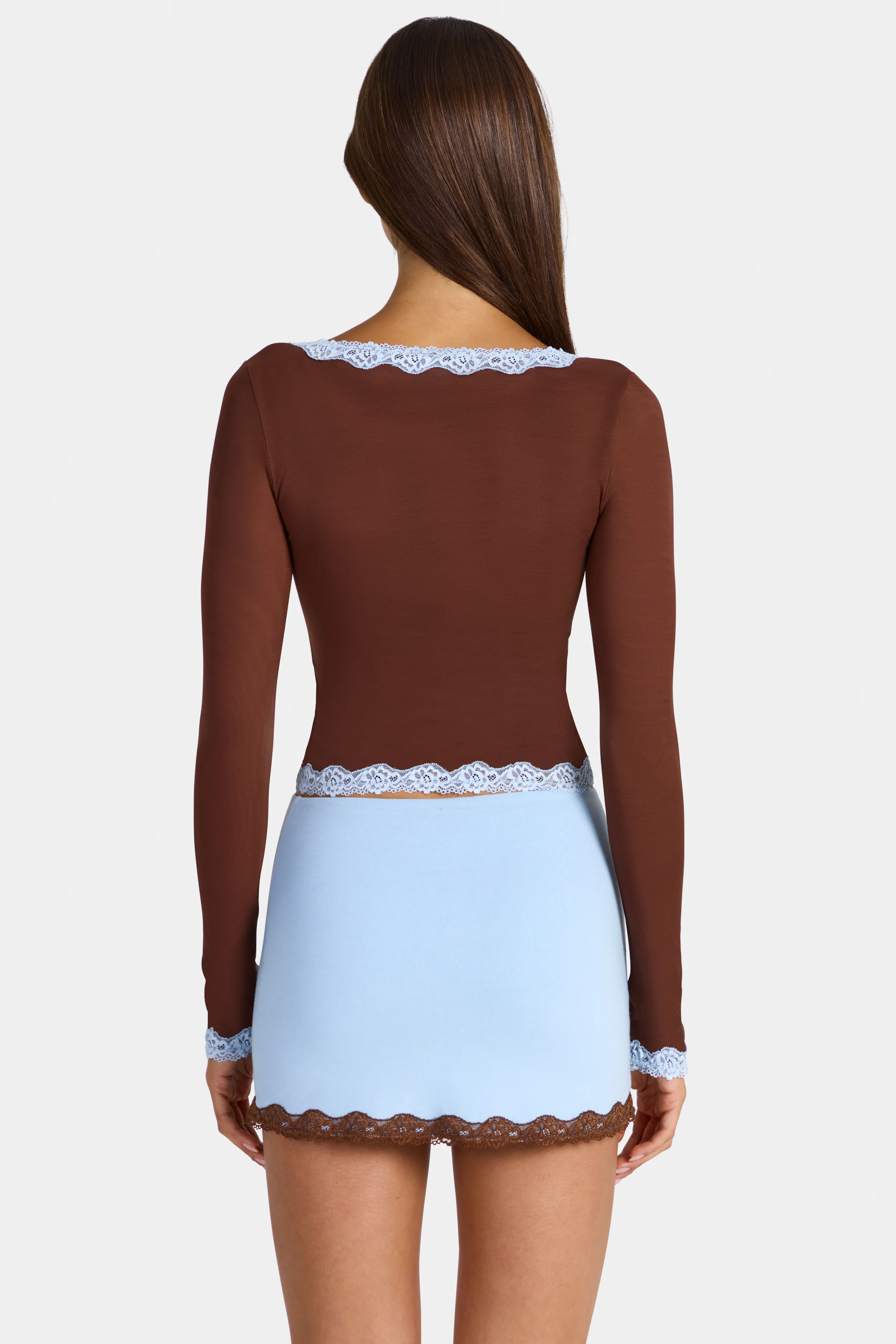 Lace-Trim Cropped Cardigan  in Cocoa Brown