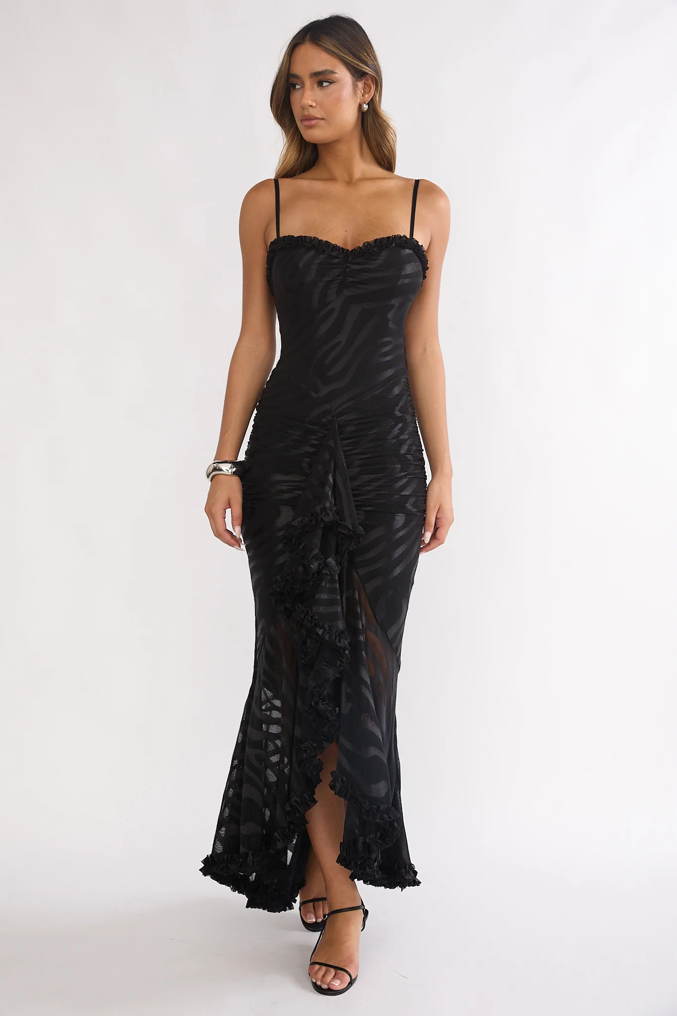 Everine Ruched Frill Trim Maxi Dress Black