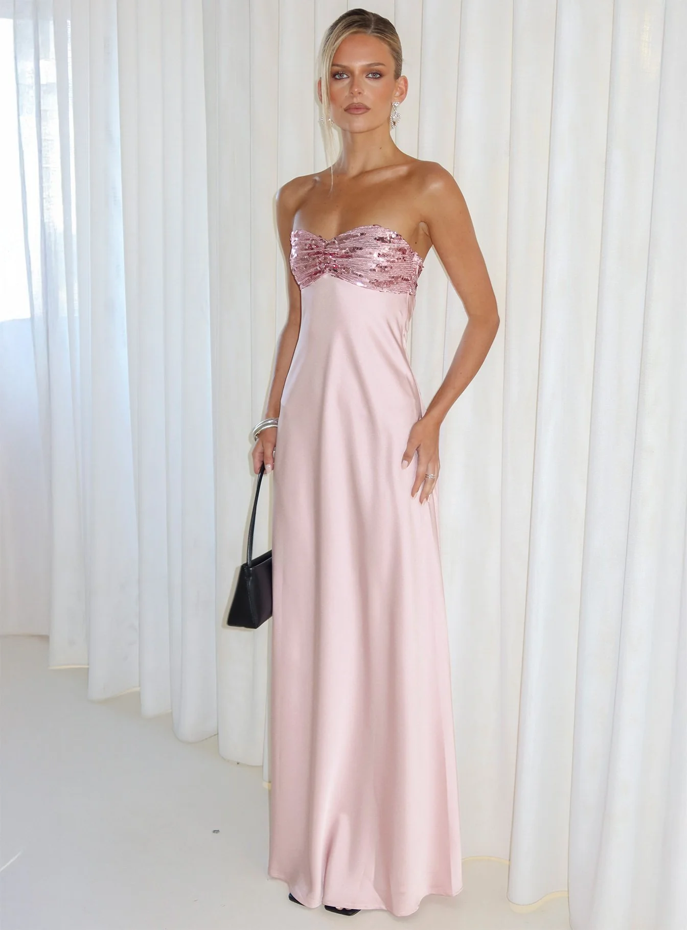 See The Vision Sequin Bust Strapless Maxi Dress Pink - luluinthesky