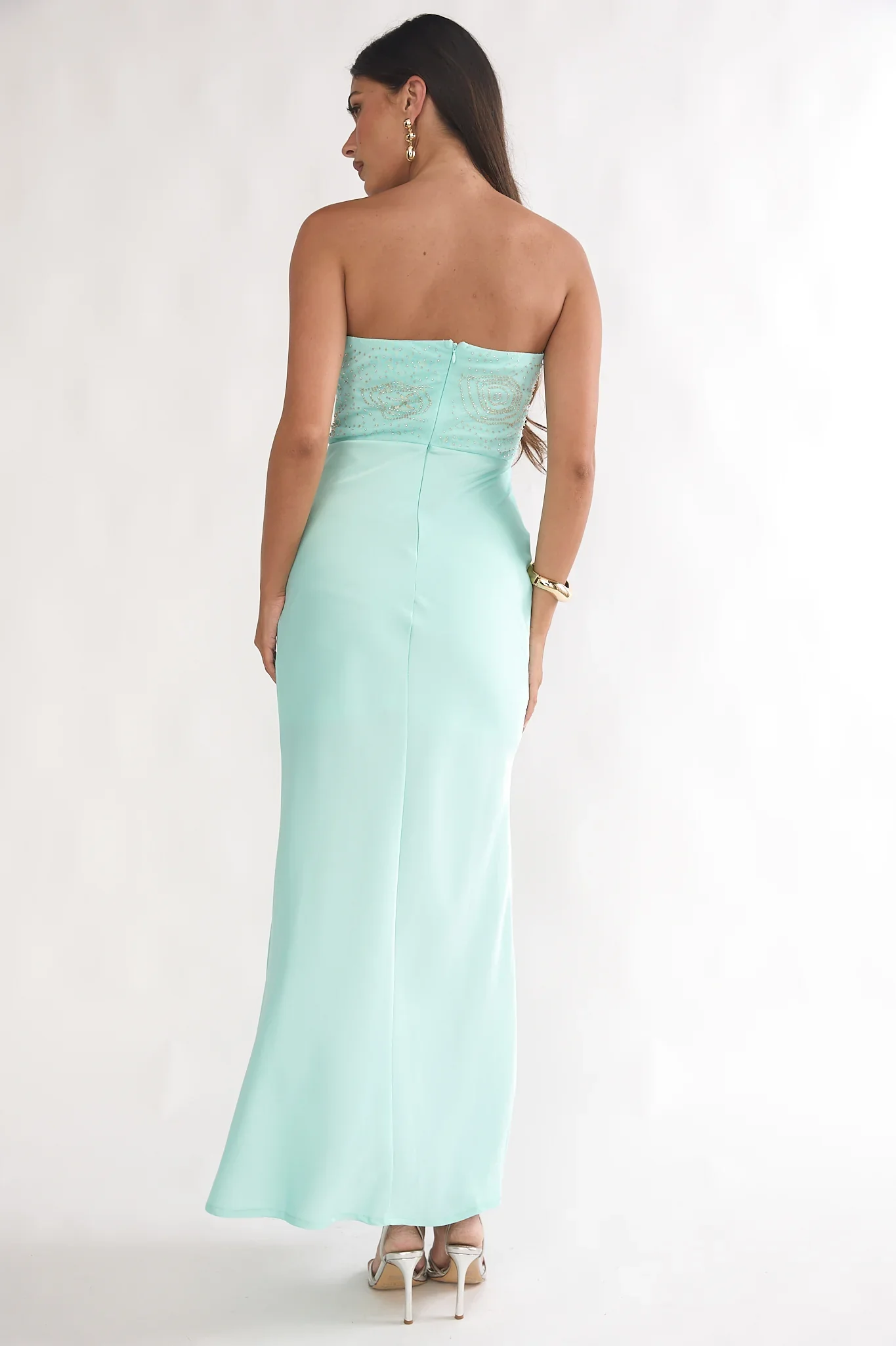 At Dusk Beaded Bust Strapless Maxi Dress Blue