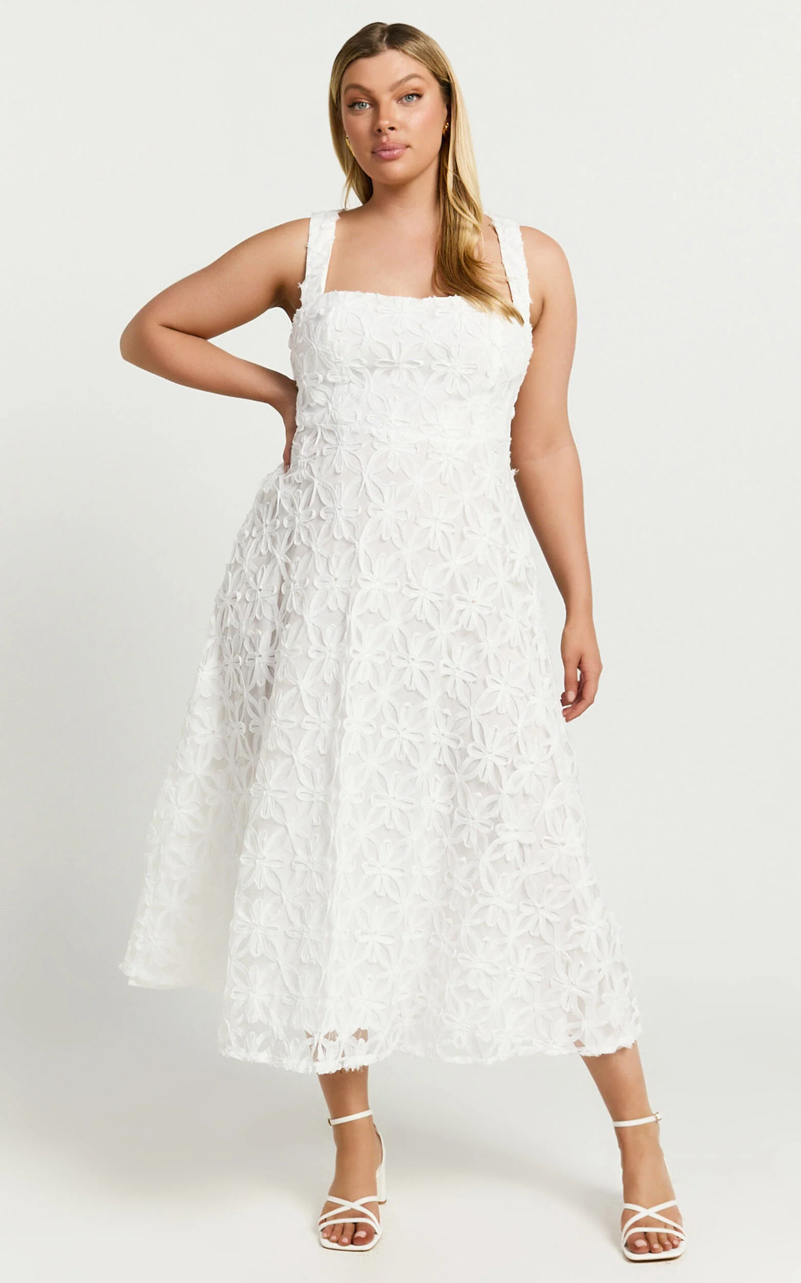 Clarissa Midi Dress - Square Neck Open Back A Line Dress in White