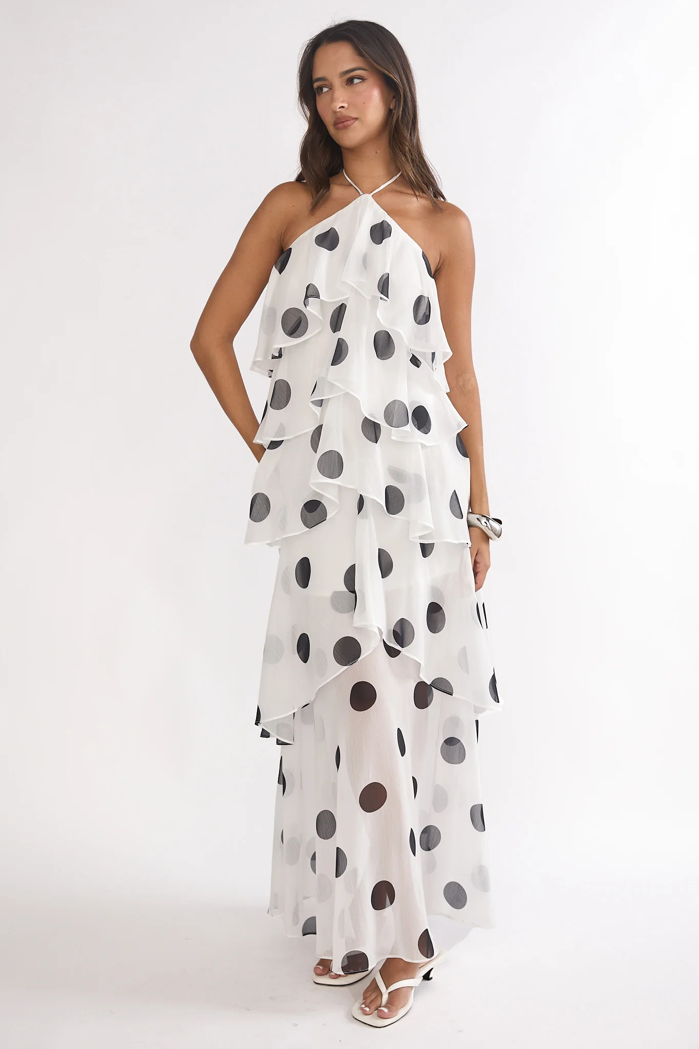 Darylyn Tiered Ruffle Maxi Dress Polka Dot White