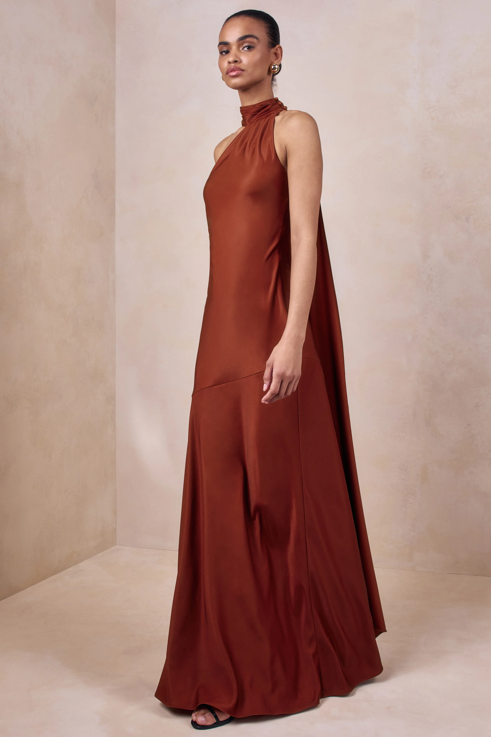 Cara | Rust Matte Satin High-Neck Maxi Dress
