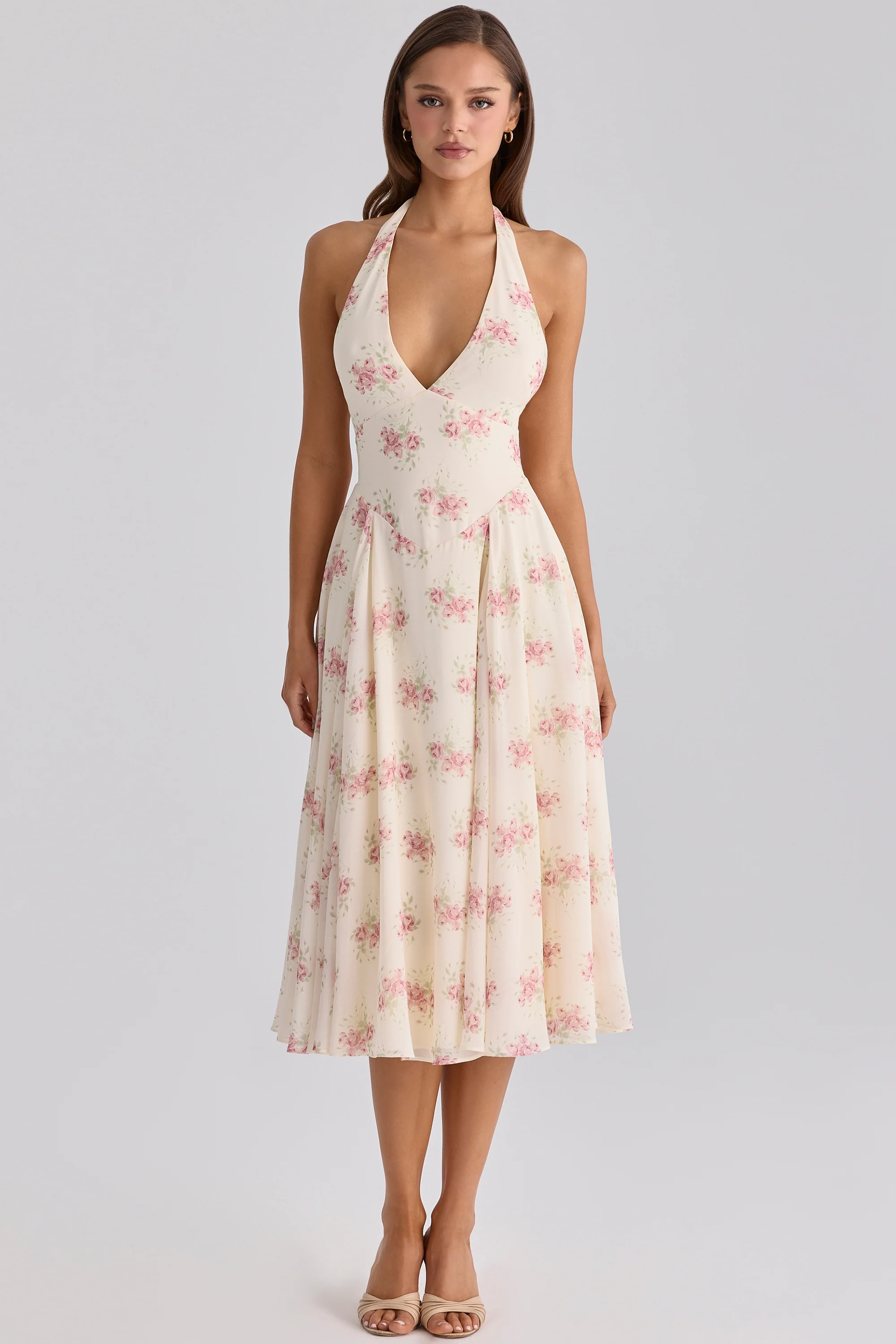 Ivory Vintage Rose Print Georgette Midi Halter Dress
