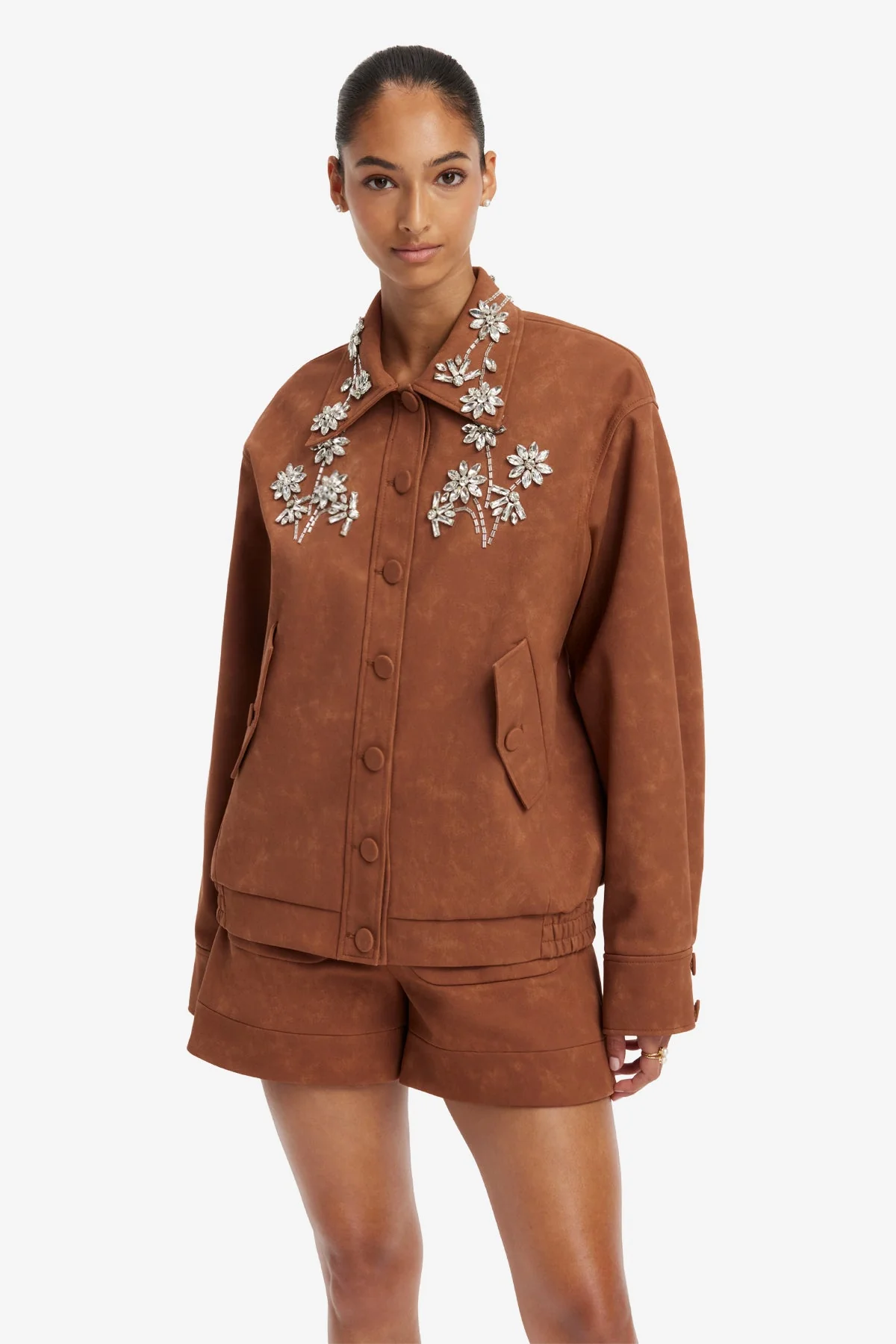 Astrid Embellished Vegan Suede Jacket - Chestnut