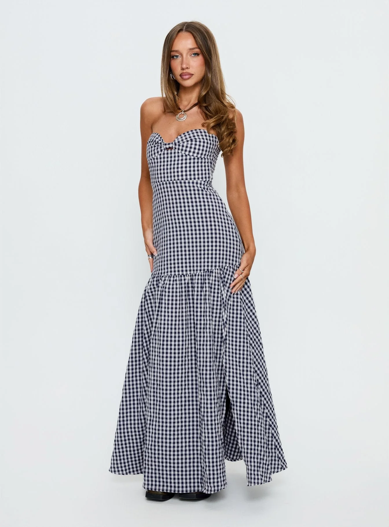 Luckystar Strapless Sweetheart Maxi Dress Navy Gingham