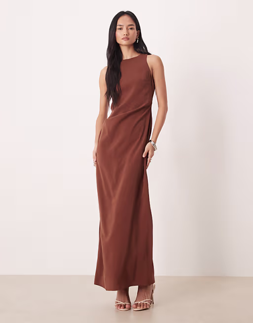 racer cupro tuck detail maxi dress in chocolate