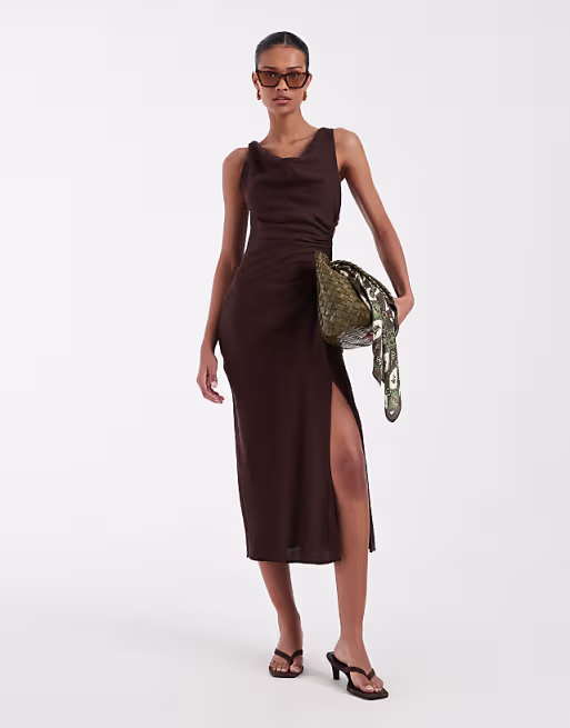 & Other Stories draped asymetric linen maxi dress in dark brown