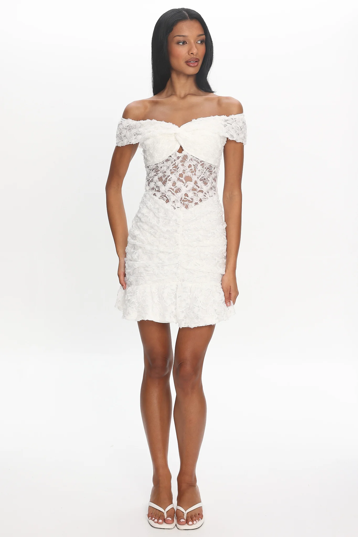 All The Lights Off-Shoulder Lace Mini Dress White