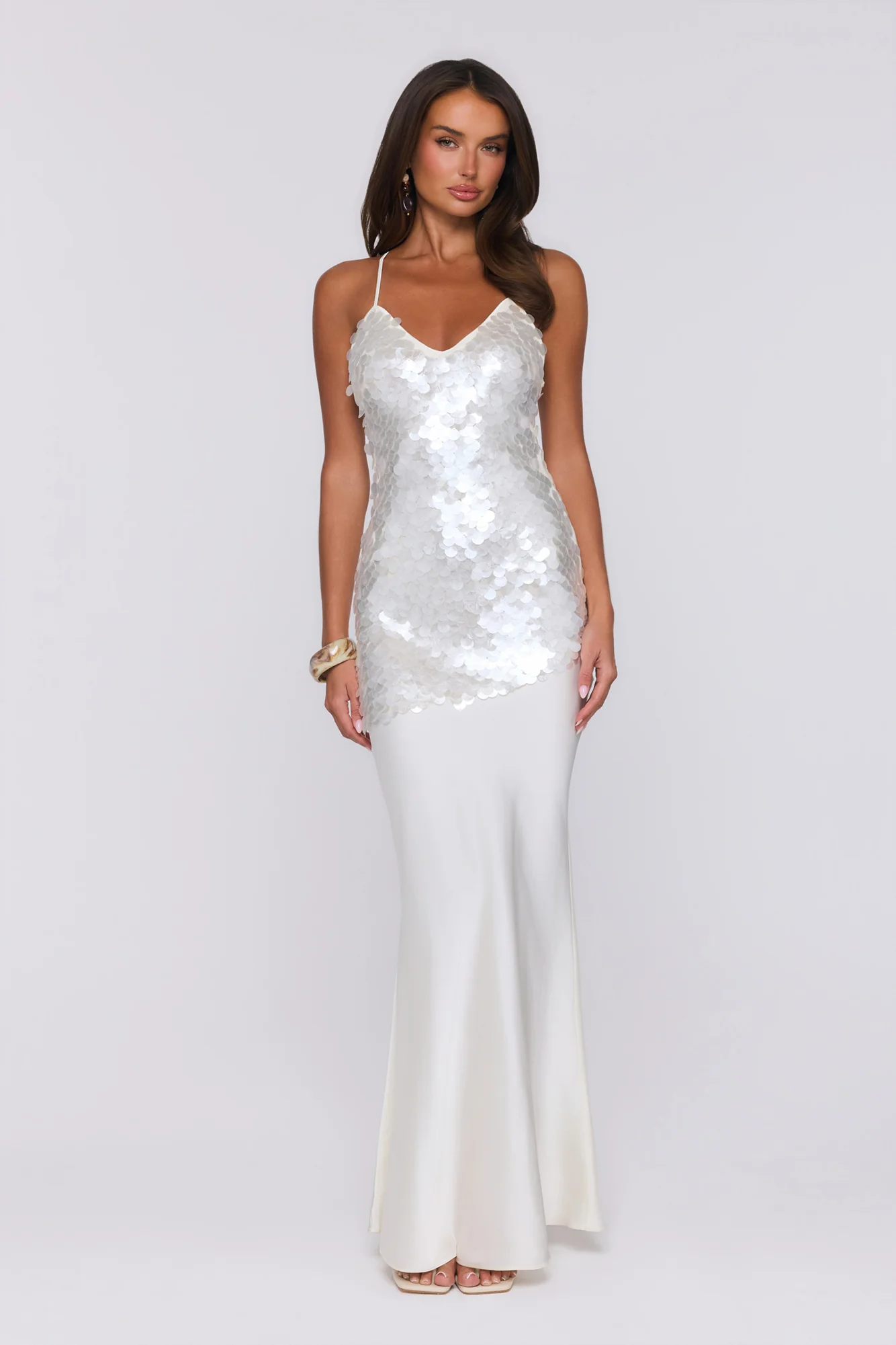 Shimmer Glow Sequin Maxi Dress Ecru White