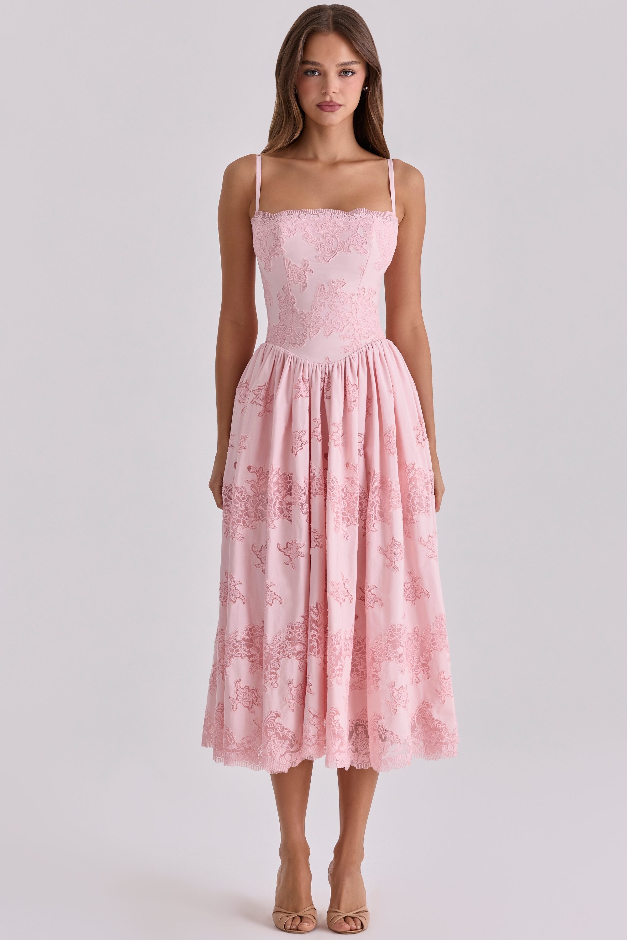 pink cotton broderie anglais lace midi sundress