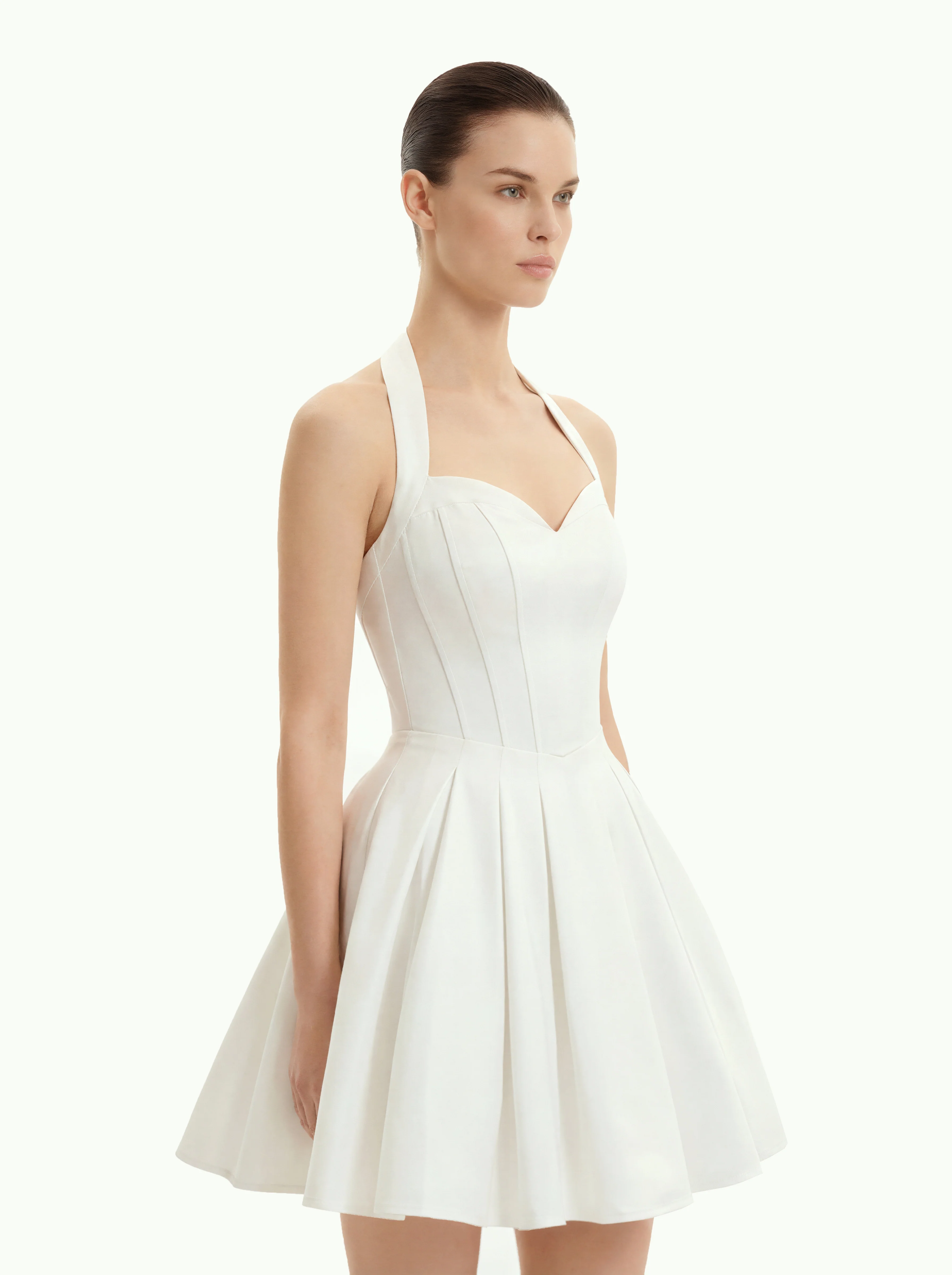 Pleated Bustier Halter Mini Dress - White - FASHION NOB