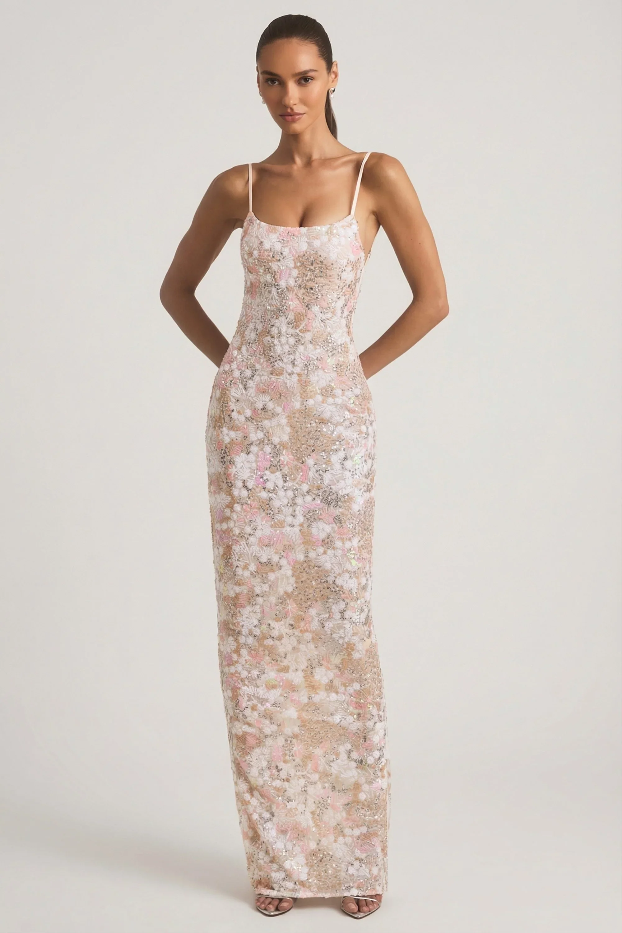 Embellished Scoop-Neck Backless Maxi Dress in Ivory